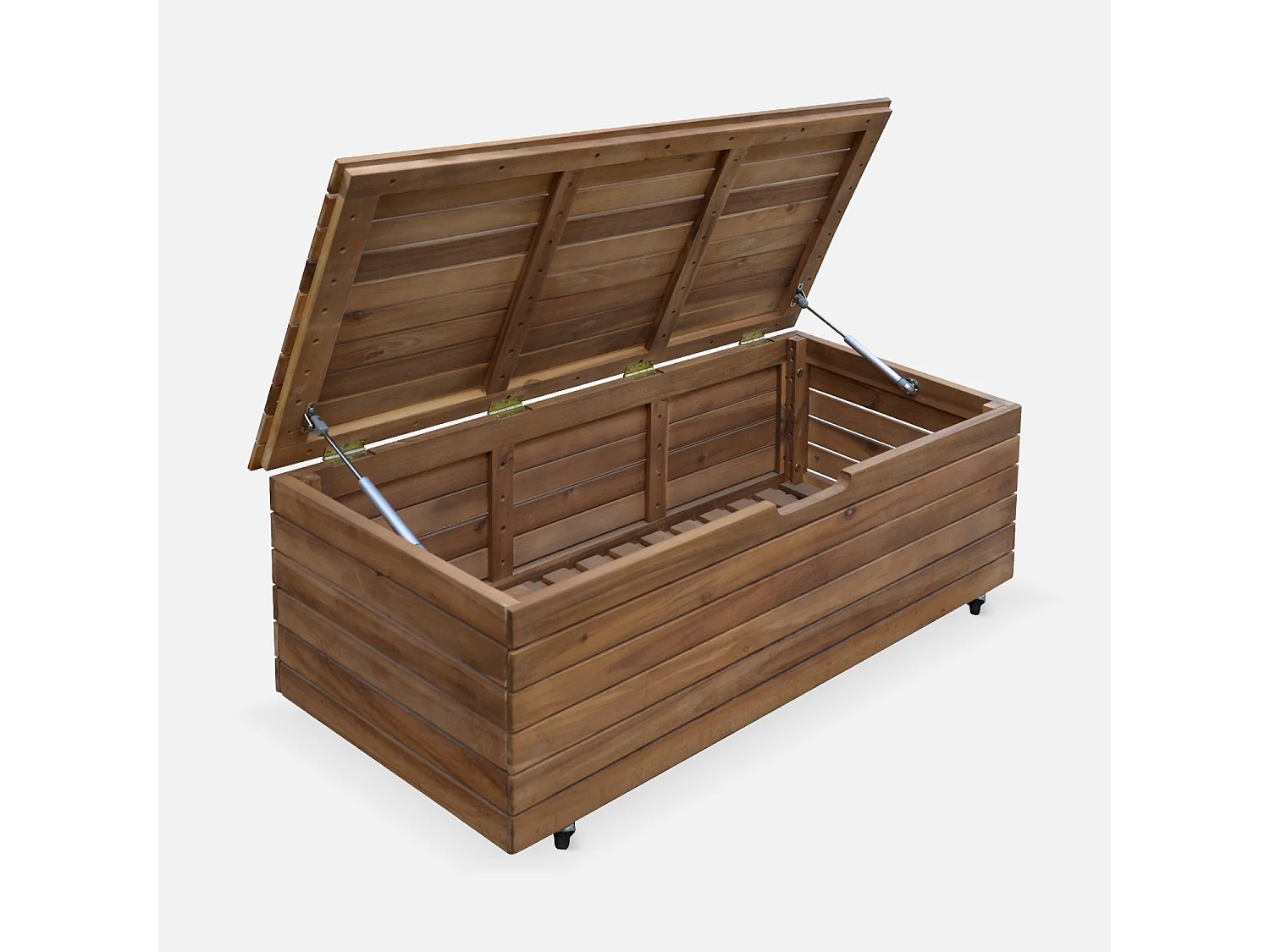 Baule da giardino in legno con rotelle, 110l, marrone naturale