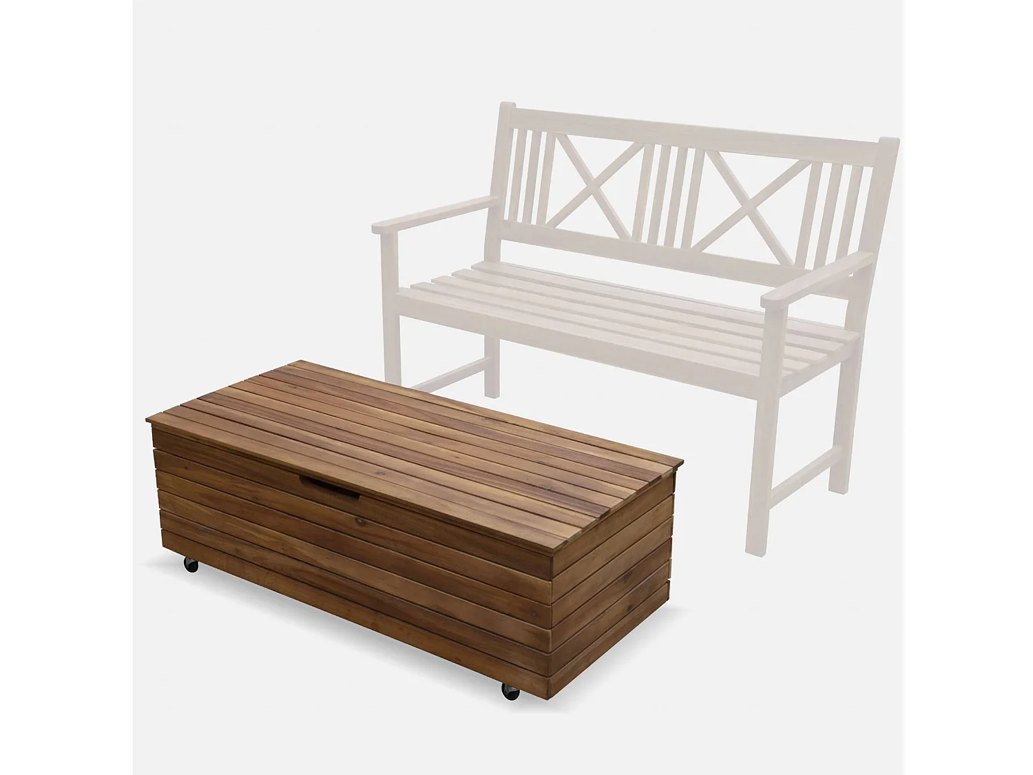 Baule da giardino in legno con rotelle, 110l, marrone naturale