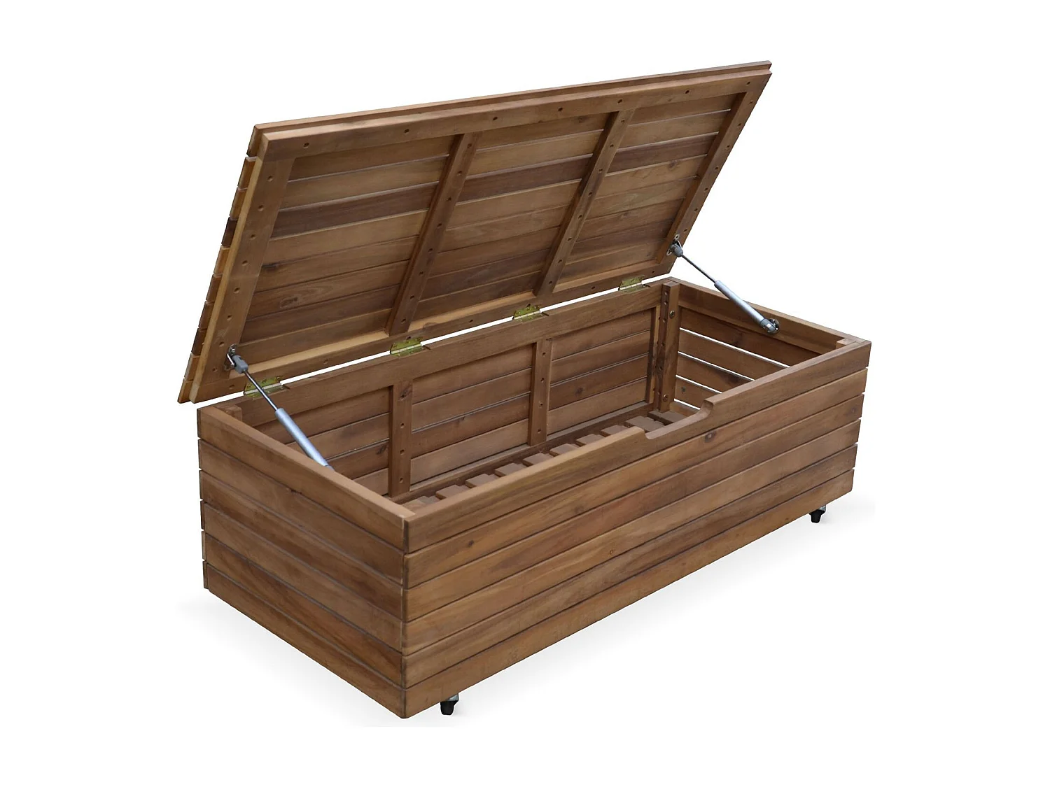 Baule da giardino in legno con rotelle, 110l, marrone naturale