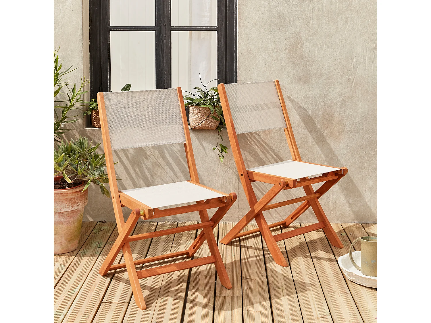 Set 2 sedie da giardino pieghevoli in legno, bianco