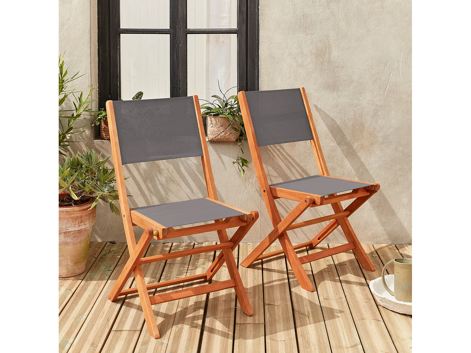 Set 2 sedie da giardino pieghevoli in legno, antracite