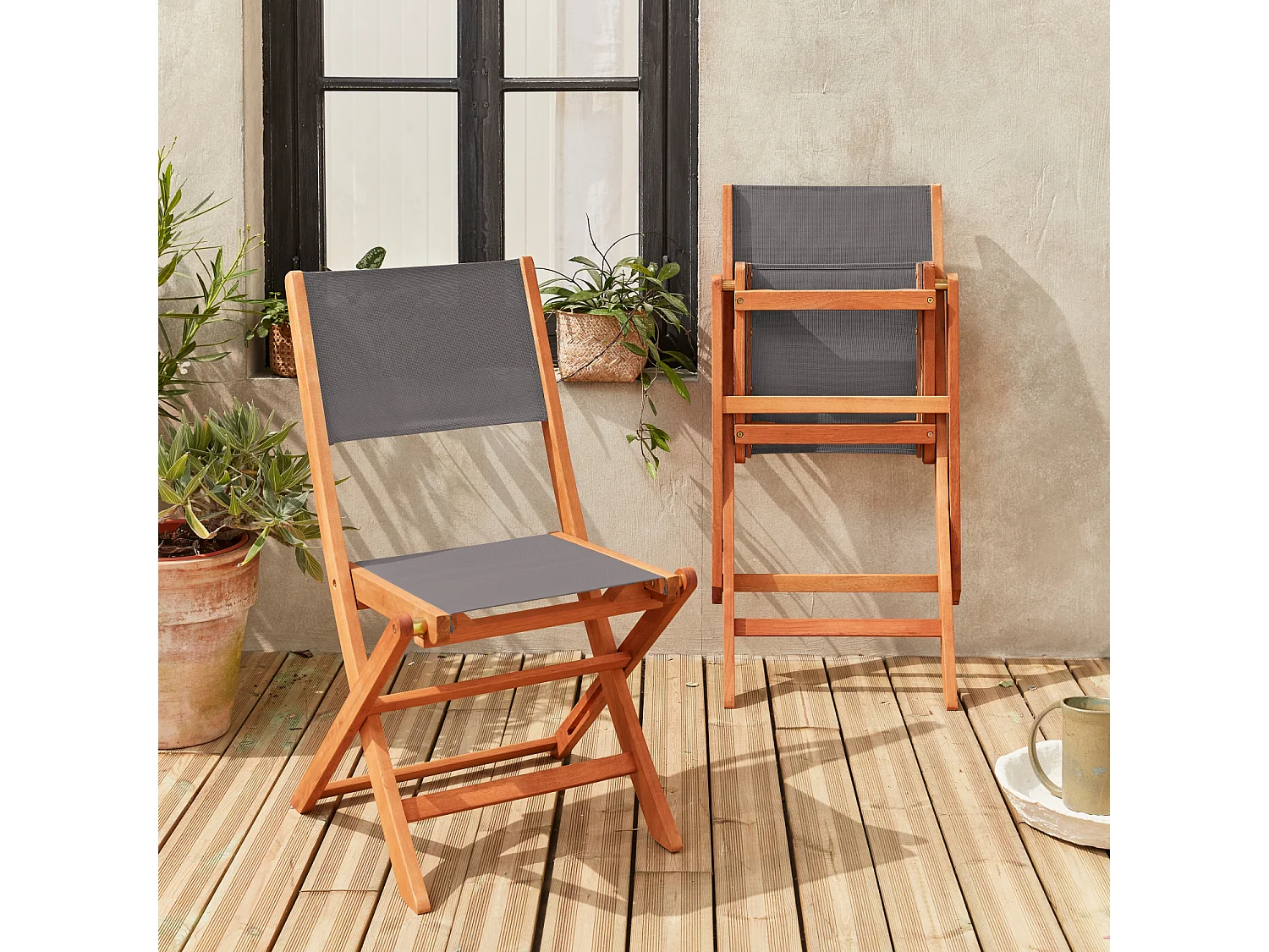 Set 2 sedie da giardino pieghevoli in legno, antracite