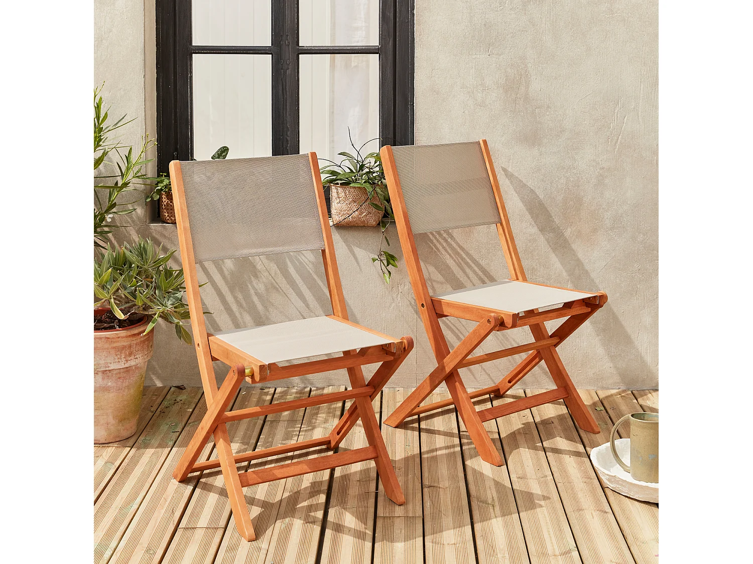 Set 2 sedie da giardino pieghevoli in legno, grigio bruno