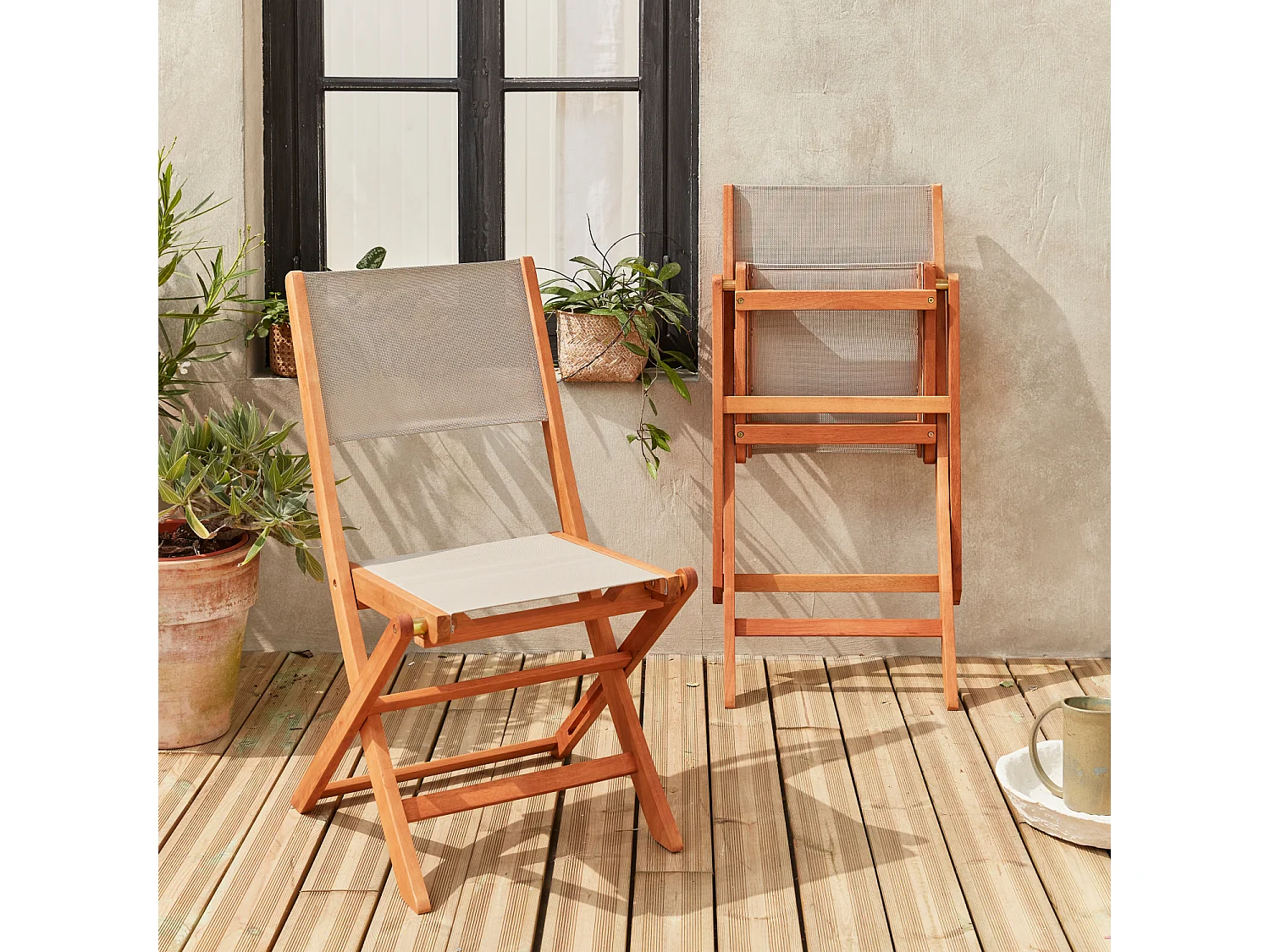 Set 2 sedie da giardino pieghevoli in legno, grigio bruno
