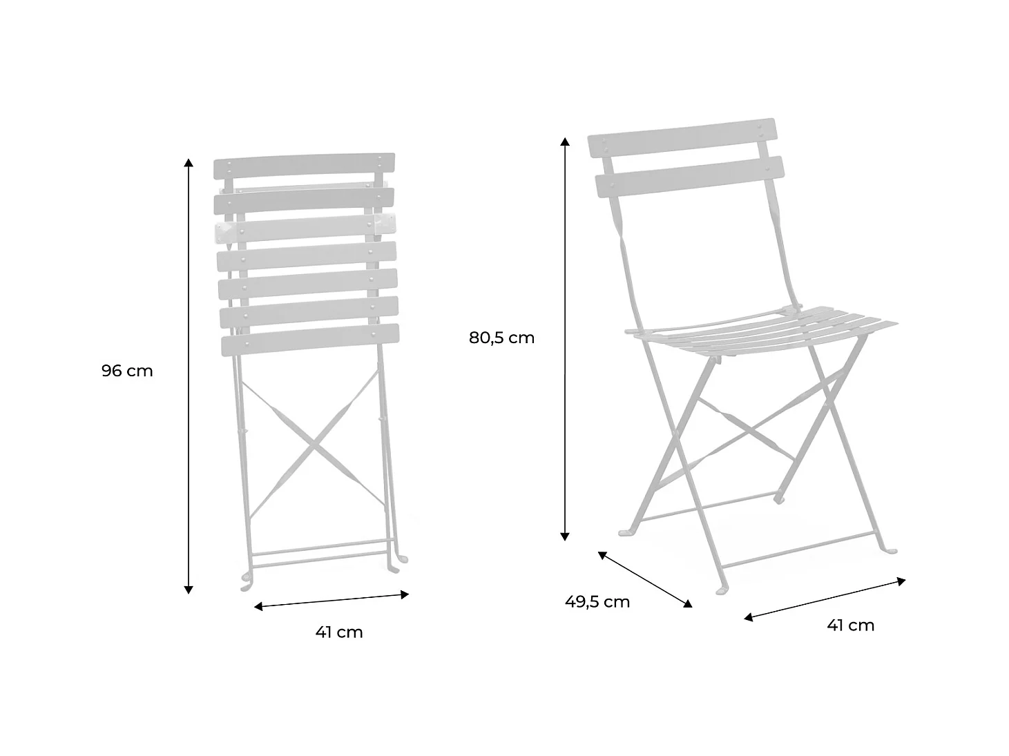 Lot de 2 chaises de jardin bistrot pliables en acier thermolaqué. 49.5 x 41 x 80.5cm