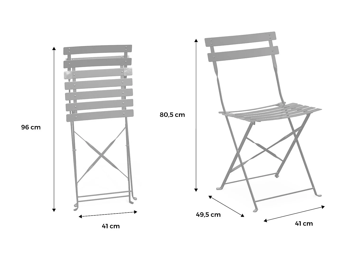 Lot de 2 chaises de jardin bistrot pliables en acier thermolaqué. 49.5 x 41 x 80.5cm