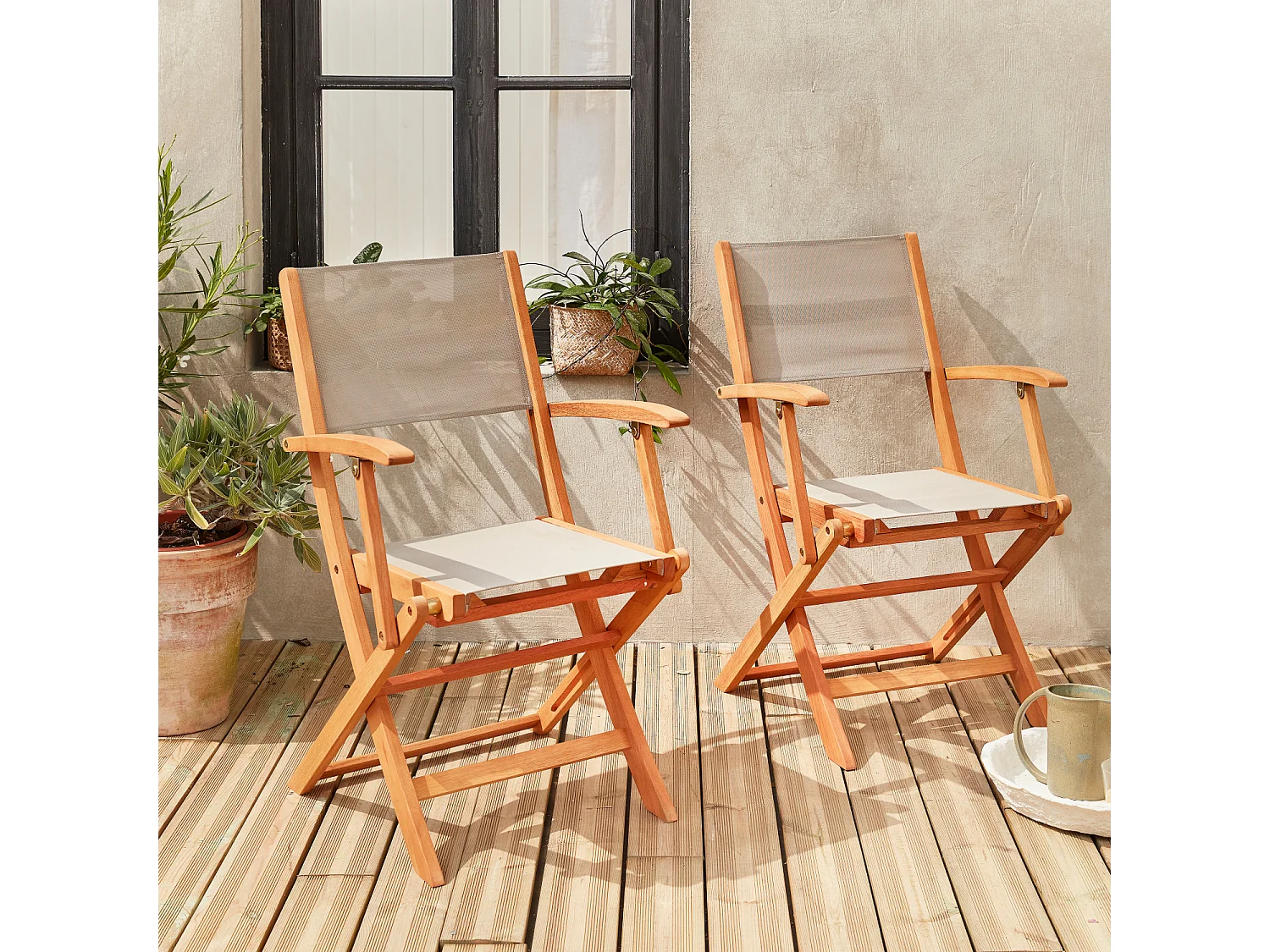 Fauteuils de jardin en bois et textilène - Almeria Gris taupe - 2 fauteuils pliants en bois d'Eucalyptus huilé et textilène