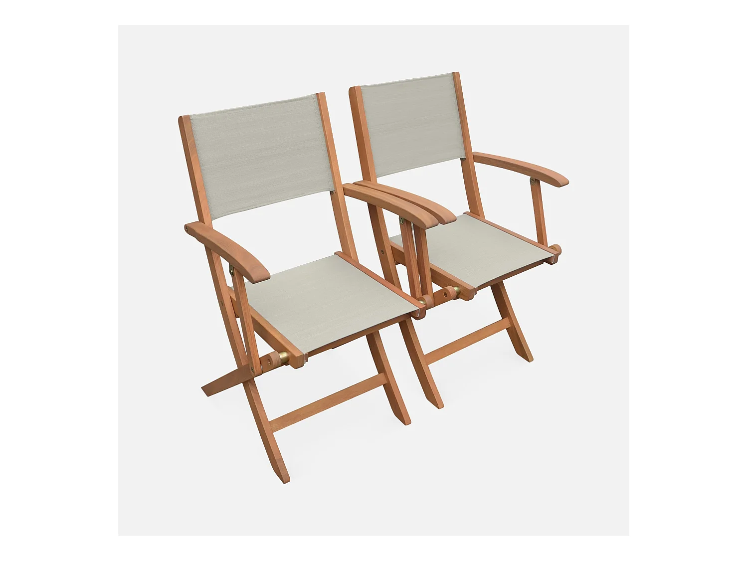 Fauteuils de jardin en bois et textilène - Almeria Gris taupe - 2 fauteuils pliants en bois d'Eucalyptus huilé et textilène