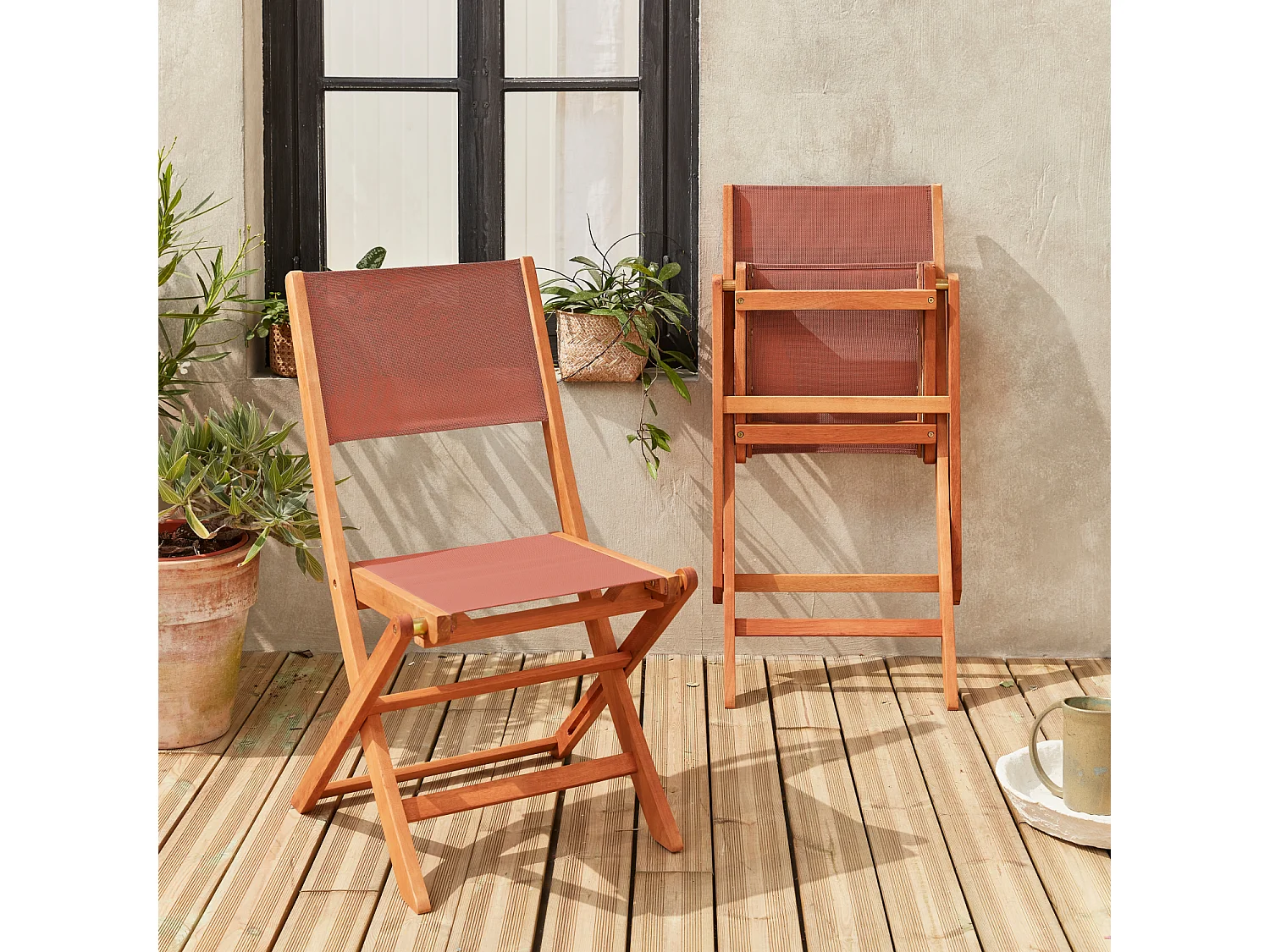 Set di 2 sedie da giardino pieghevoli in legno, terracotta
