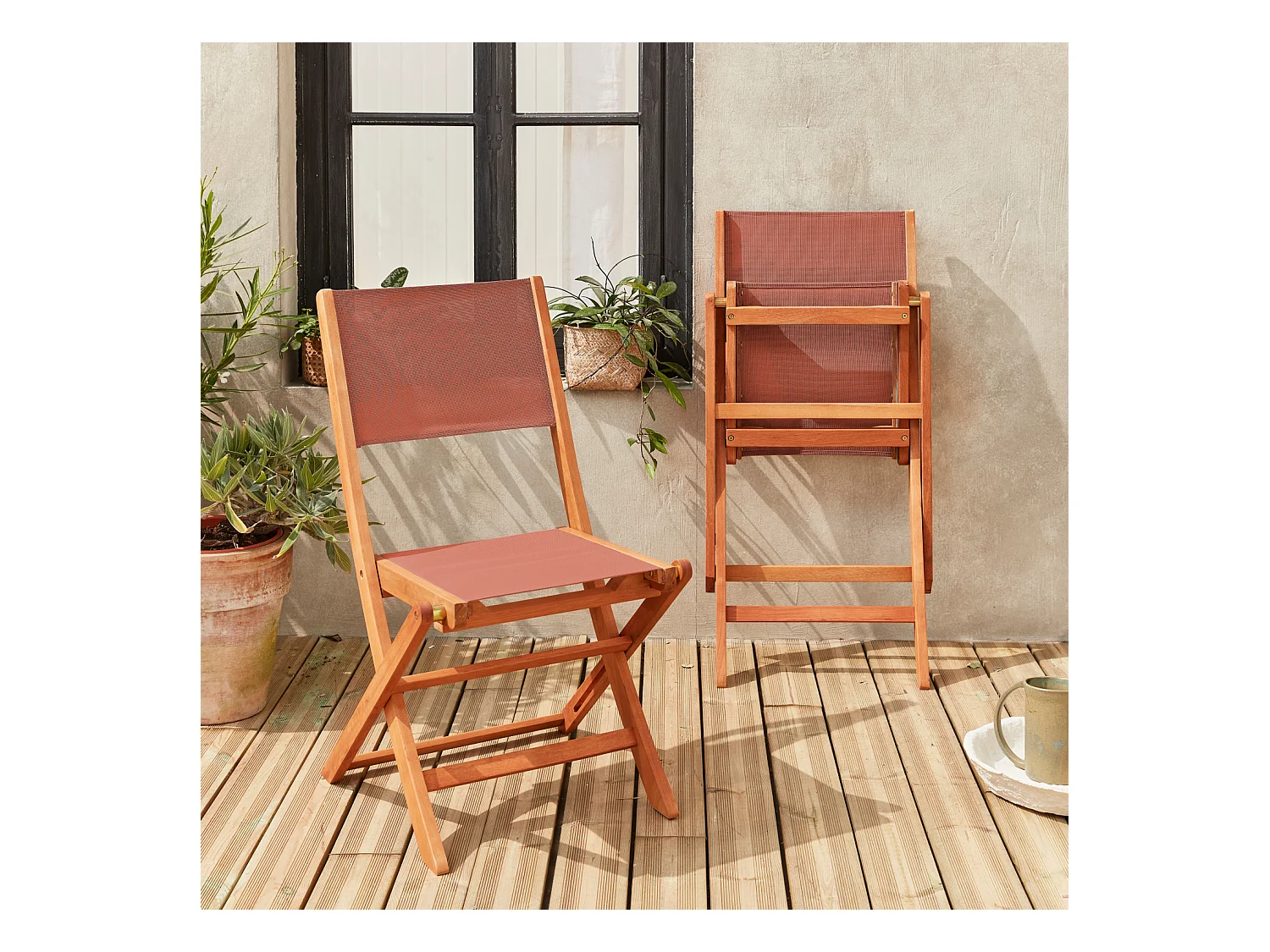Silla de jardín plegable de madera de eucalipto, set de 2 terracotta
