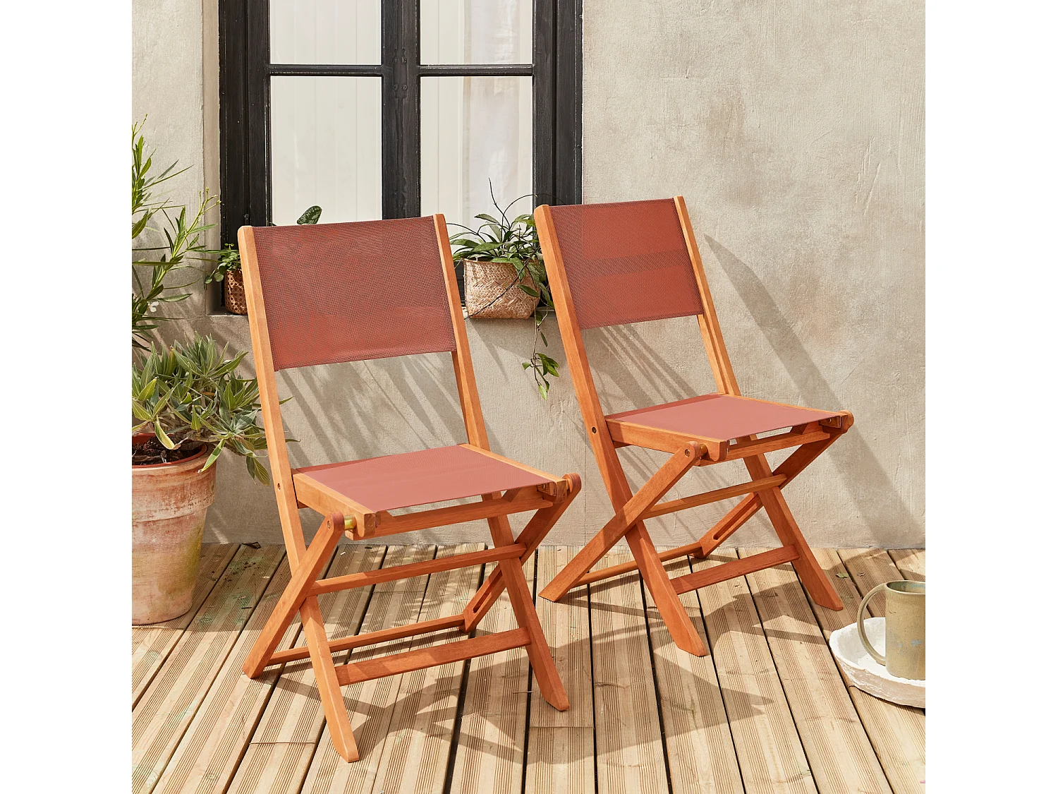 Silla de jardín plegable de madera de eucalipto, set de 2 terracotta