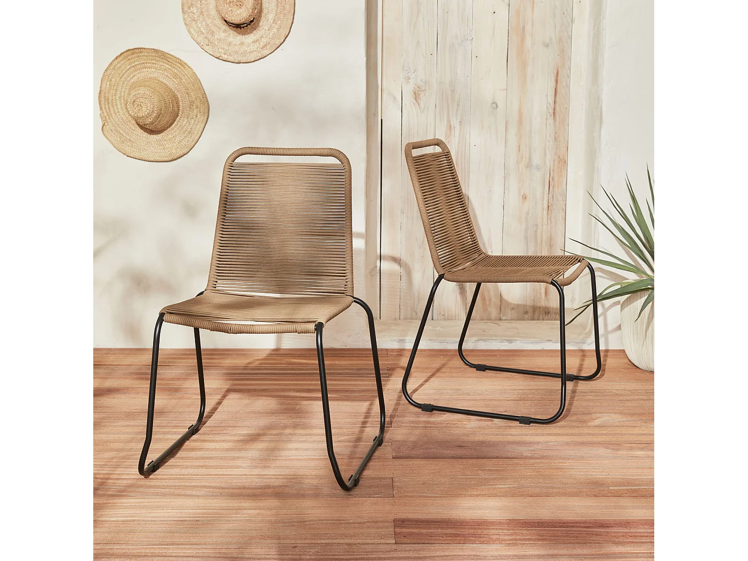 Lot de 2 chaises de jardin en corde BRASILIA. beige. empilables. extérieur