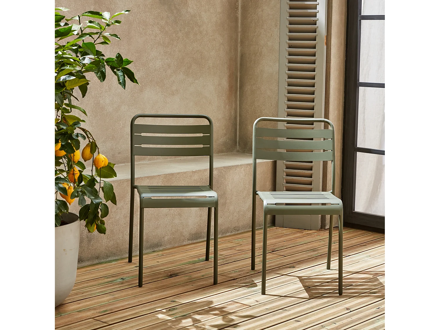 Lot de 2 chaises de jardin acier. 2 places. savane. Amelia. L44 x P52 x H79cm