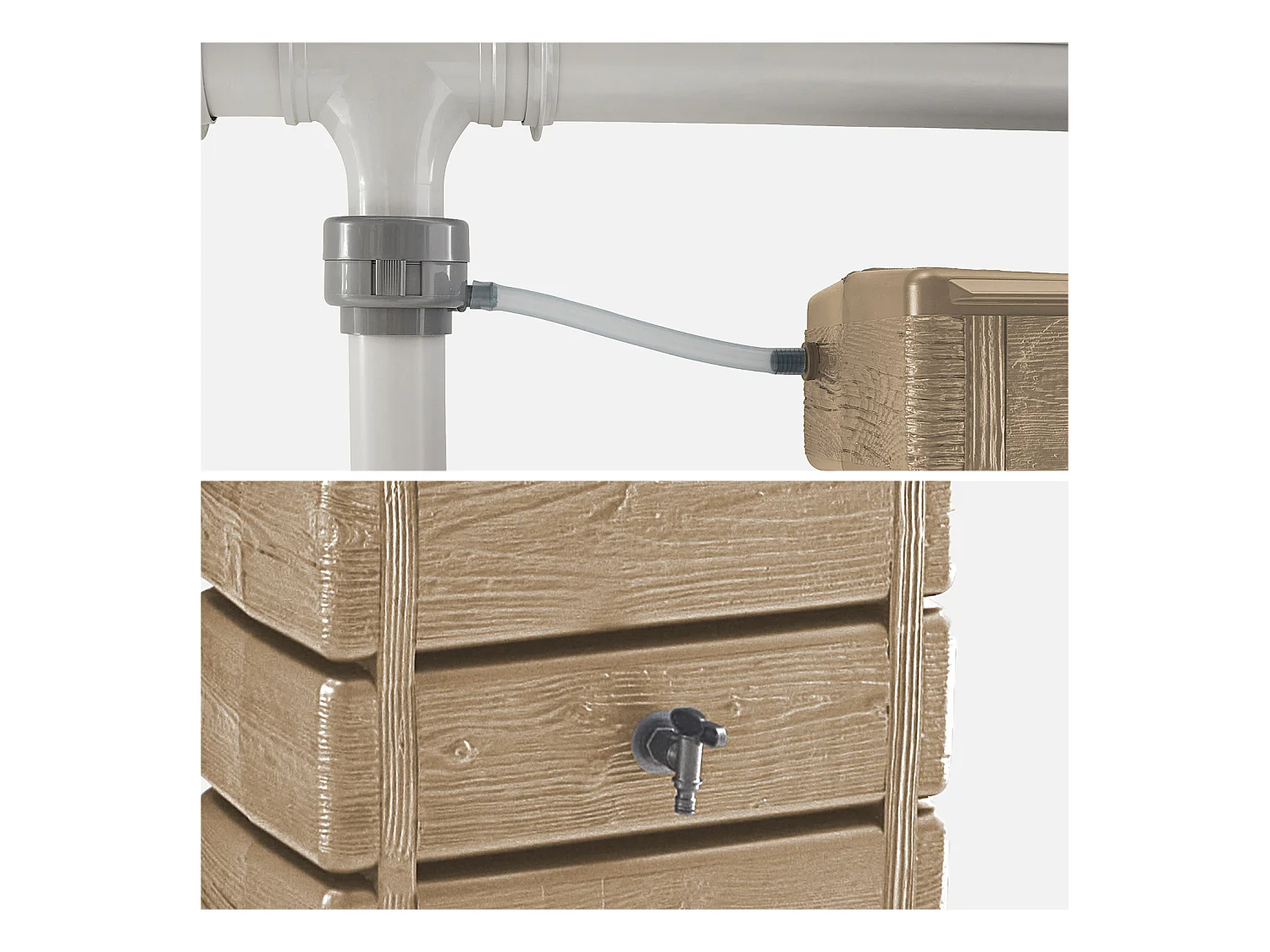 Récupérateur d'eau mural Grandval 300L imitation bois beige avec kit raccord chéneau inclus