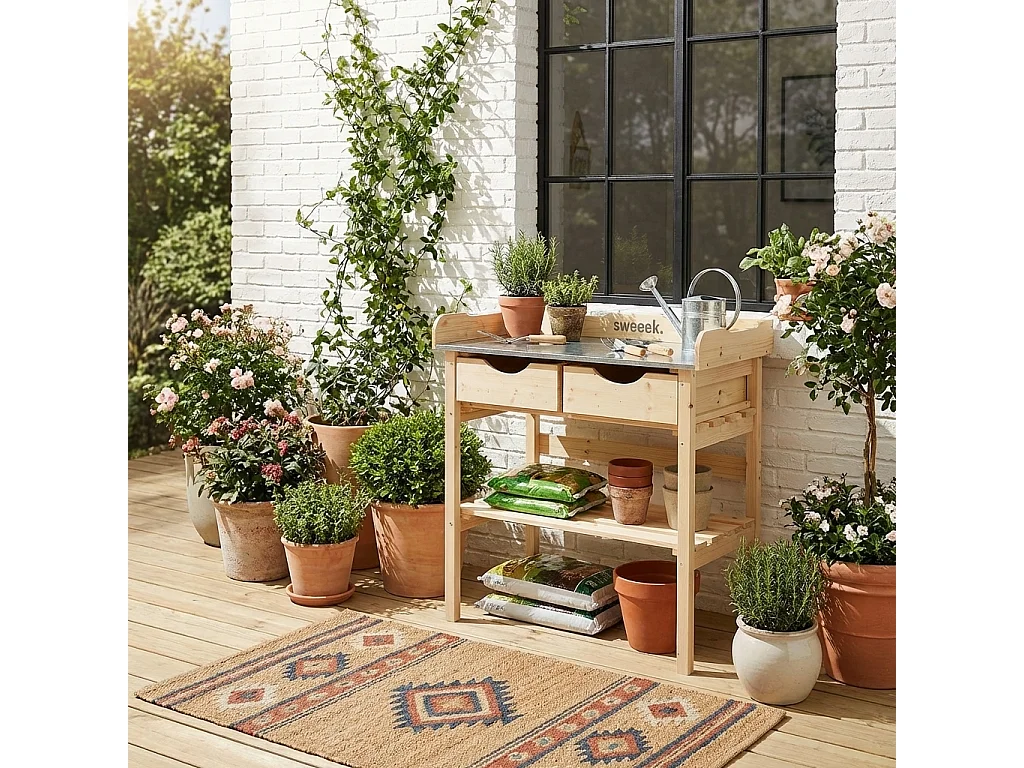 Table de rempotage PETUNIA avec 2 tiroirs. établi extérieur en bois. table pour semis