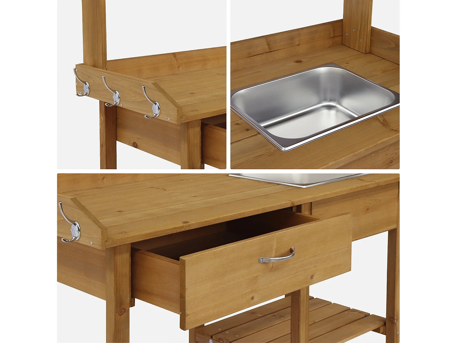 Table de rempotage en bois Capucine. 1 tiroir. 2 étagères. 1 évier. crochets