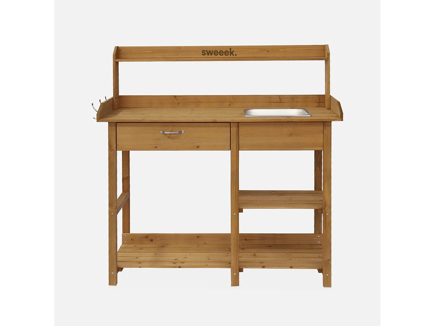 Table de rempotage en bois Capucine. 1 tiroir. 2 étagères. 1 évier. crochets