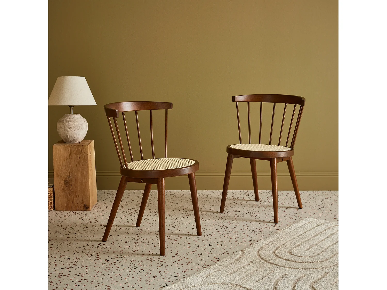 Set di 2 sedie in legno e rattan intrecciato, stile vimini, marrone