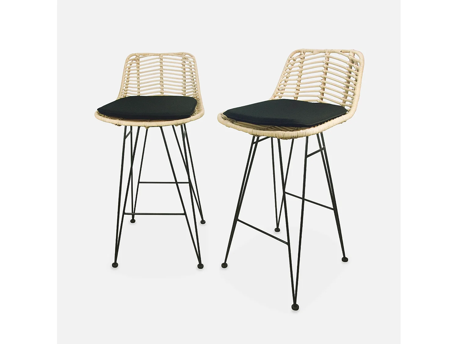 Set di 2 sgabelli da bar in metallo e rattan, 67cm, nero