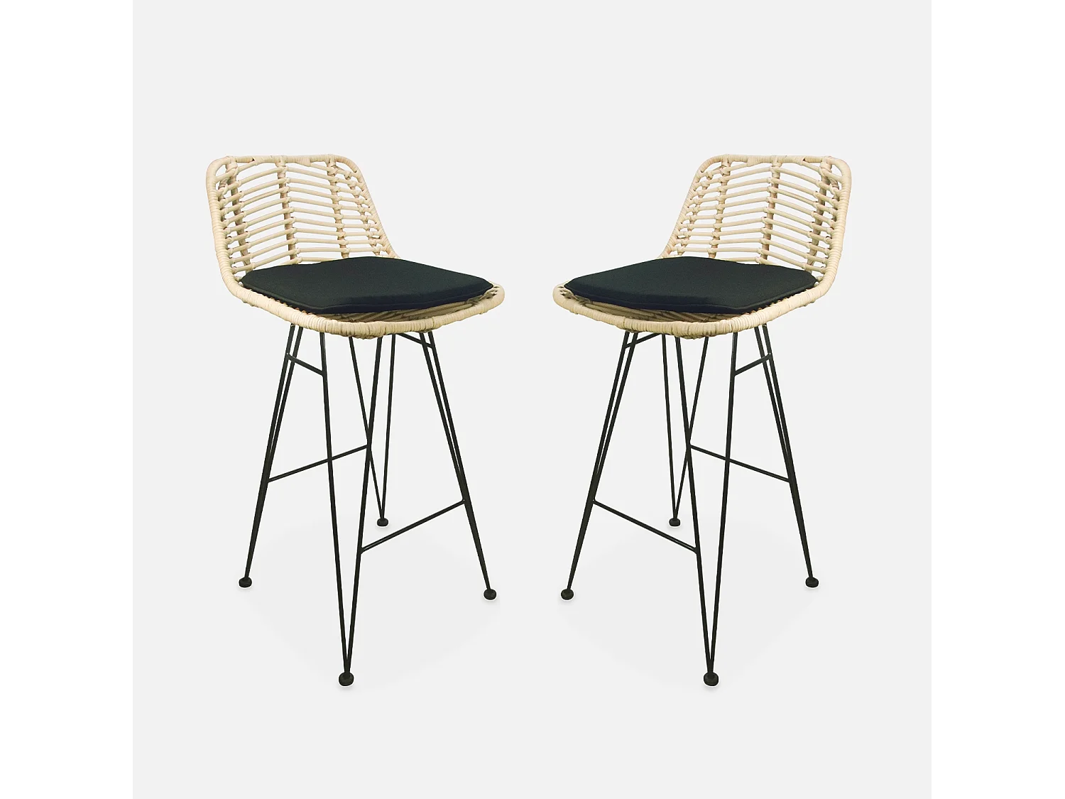 Set di 2 sgabelli da bar in metallo e rattan, 67cm, nero