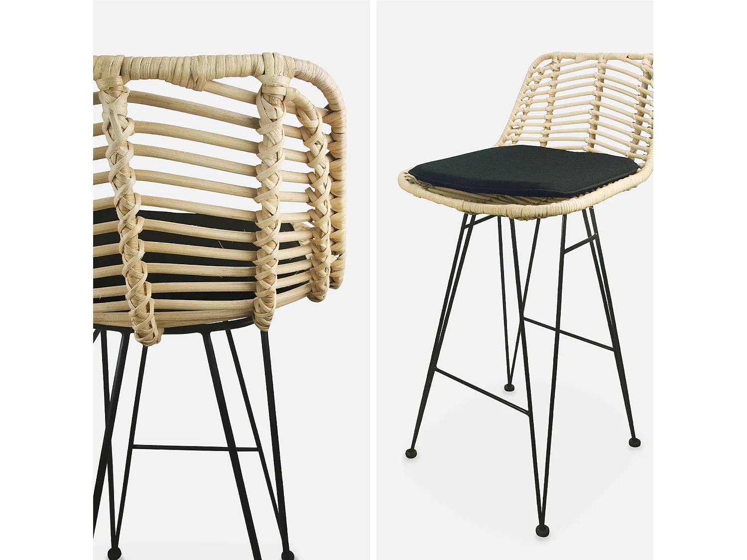Set di 2 sgabelli da bar in metallo e rattan, 67cm, nero