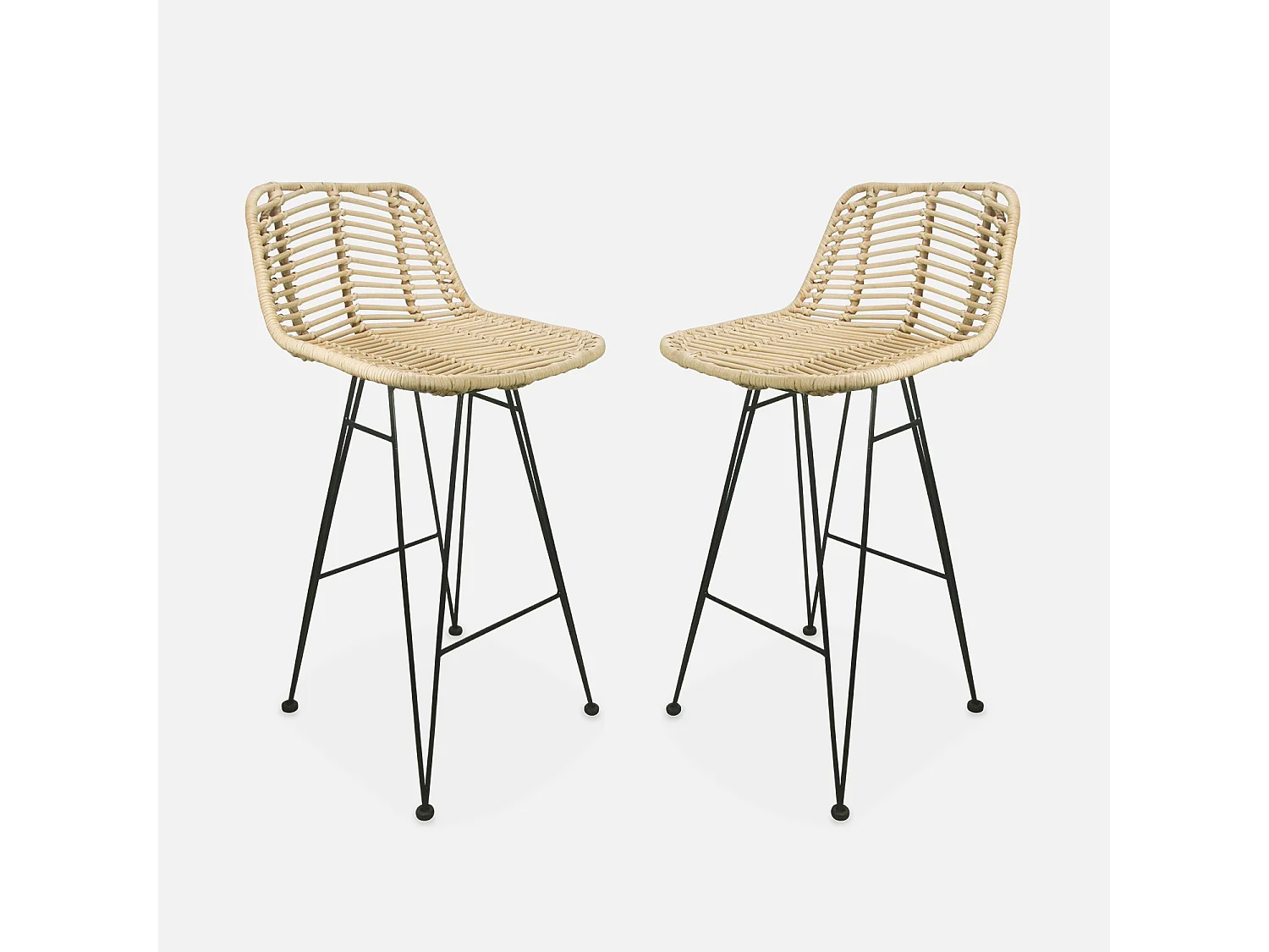 Set di 2 sgabelli da bar in metallo e rattan, 67cm, nero
