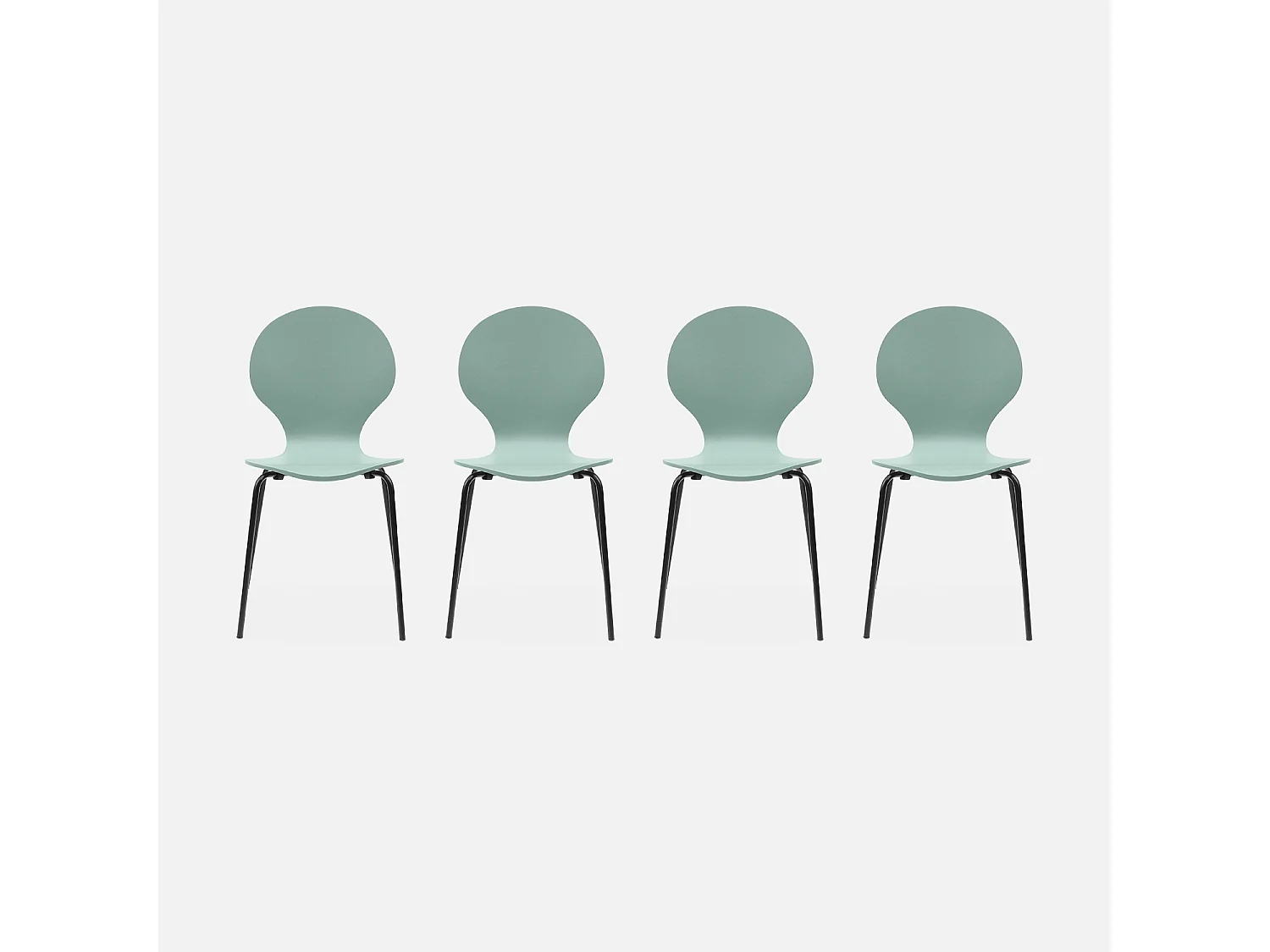 Lot de 4 chaises vert céladon. rétro empilables. bois d'hévéa et contreplaqué. pieds en acier. Naomi. L 43 x P 48 x H 87cm