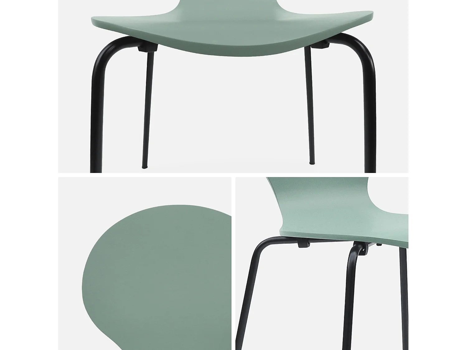 Lot de 4 chaises vert céladon. rétro empilables. bois d'hévéa et contreplaqué. pieds en acier. Naomi. L 43 x P 48 x H 87cm