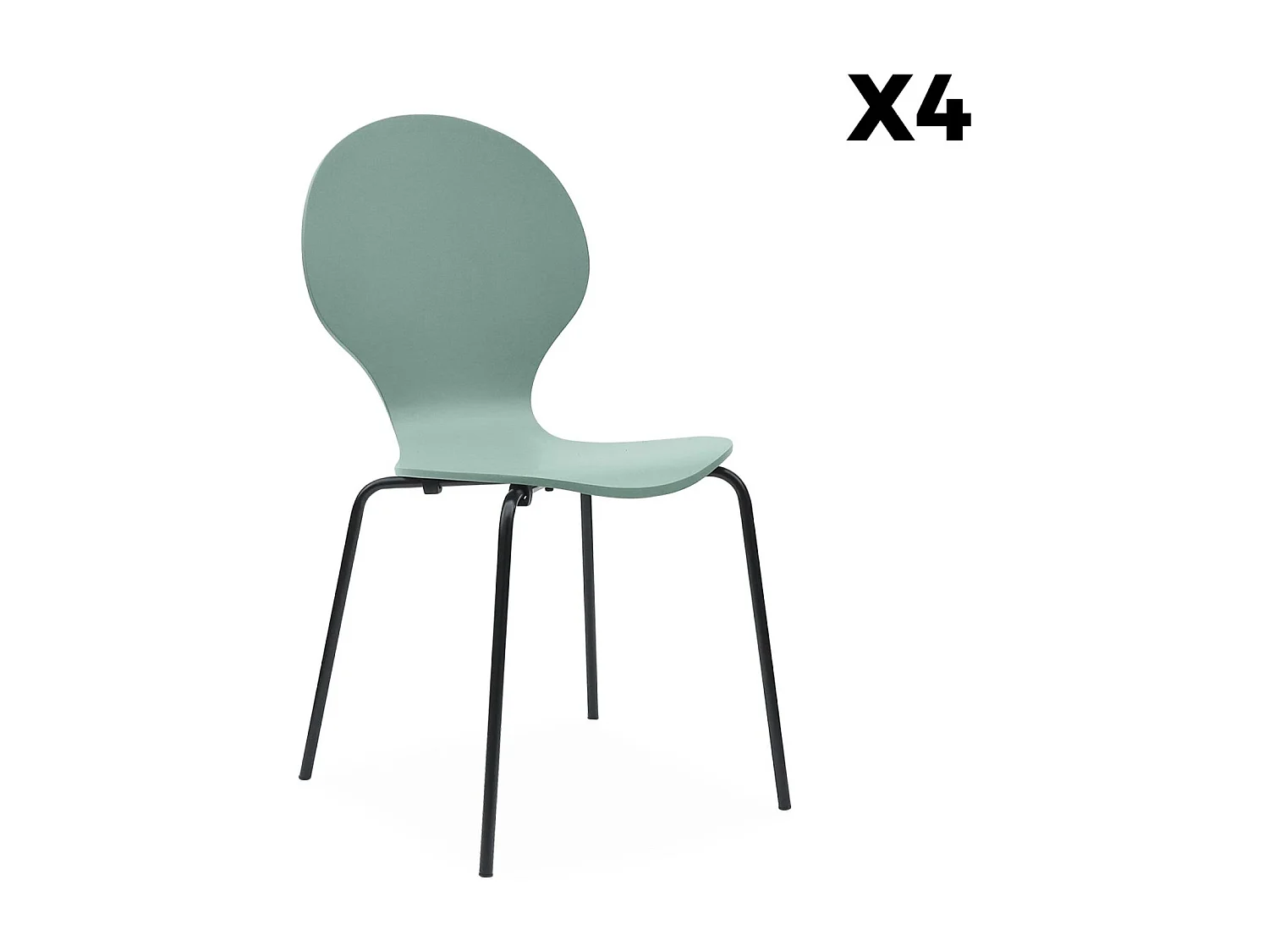 Lot de 4 chaises vert céladon. rétro empilables. bois d'hévéa et contreplaqué. pieds en acier. Naomi. L 43 x P 48 x H 87cm