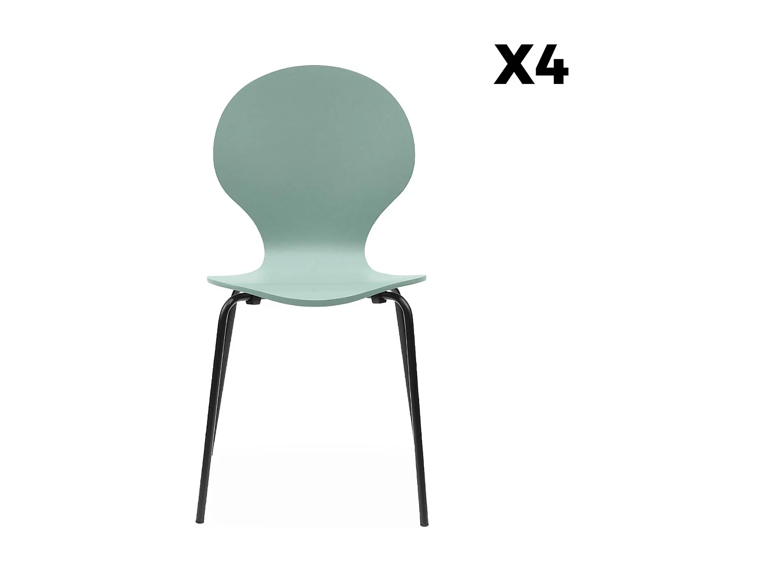 Lot de 4 chaises vert céladon. rétro empilables. bois d'hévéa et contreplaqué. pieds en acier. Naomi. L 43 x P 48 x H 87cm
