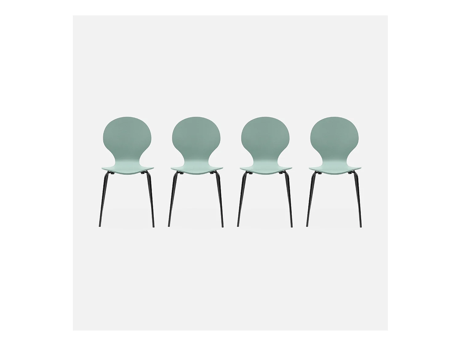 Lot de 4 chaises vert céladon. rétro empilables. bois d'hévéa et contreplaqué. pieds en acier. Naomi. L 43 x P 48 x H 87cm