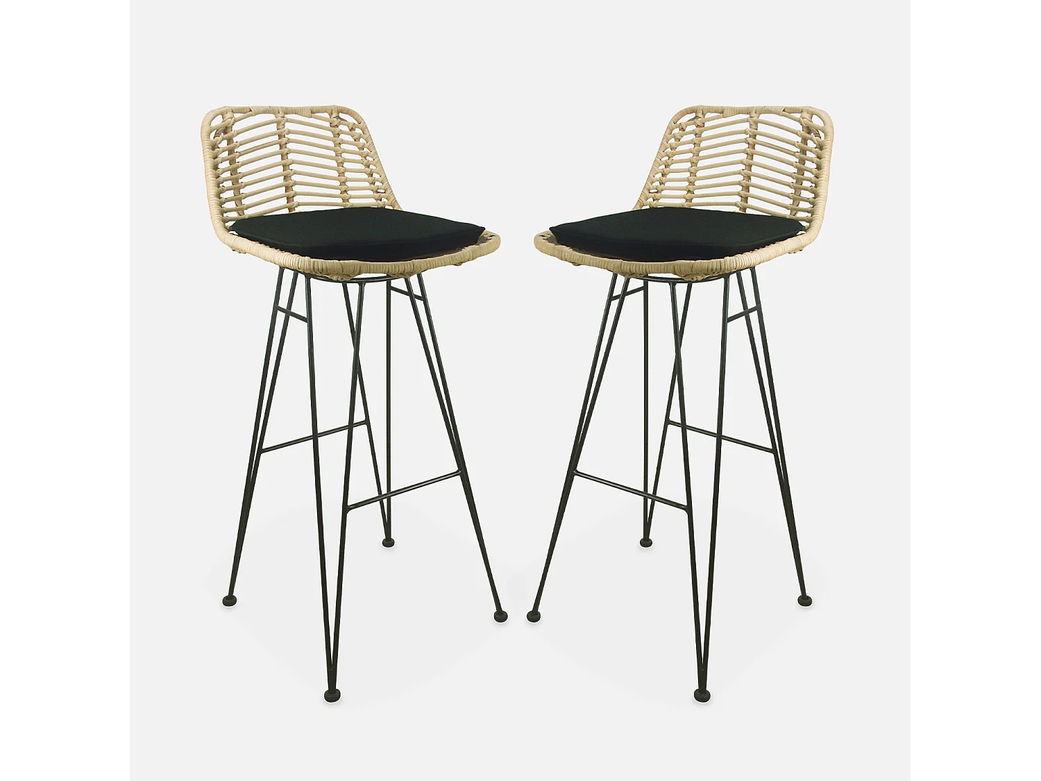 Set di 2 sgabelli da bar in metallo e rattan, nero