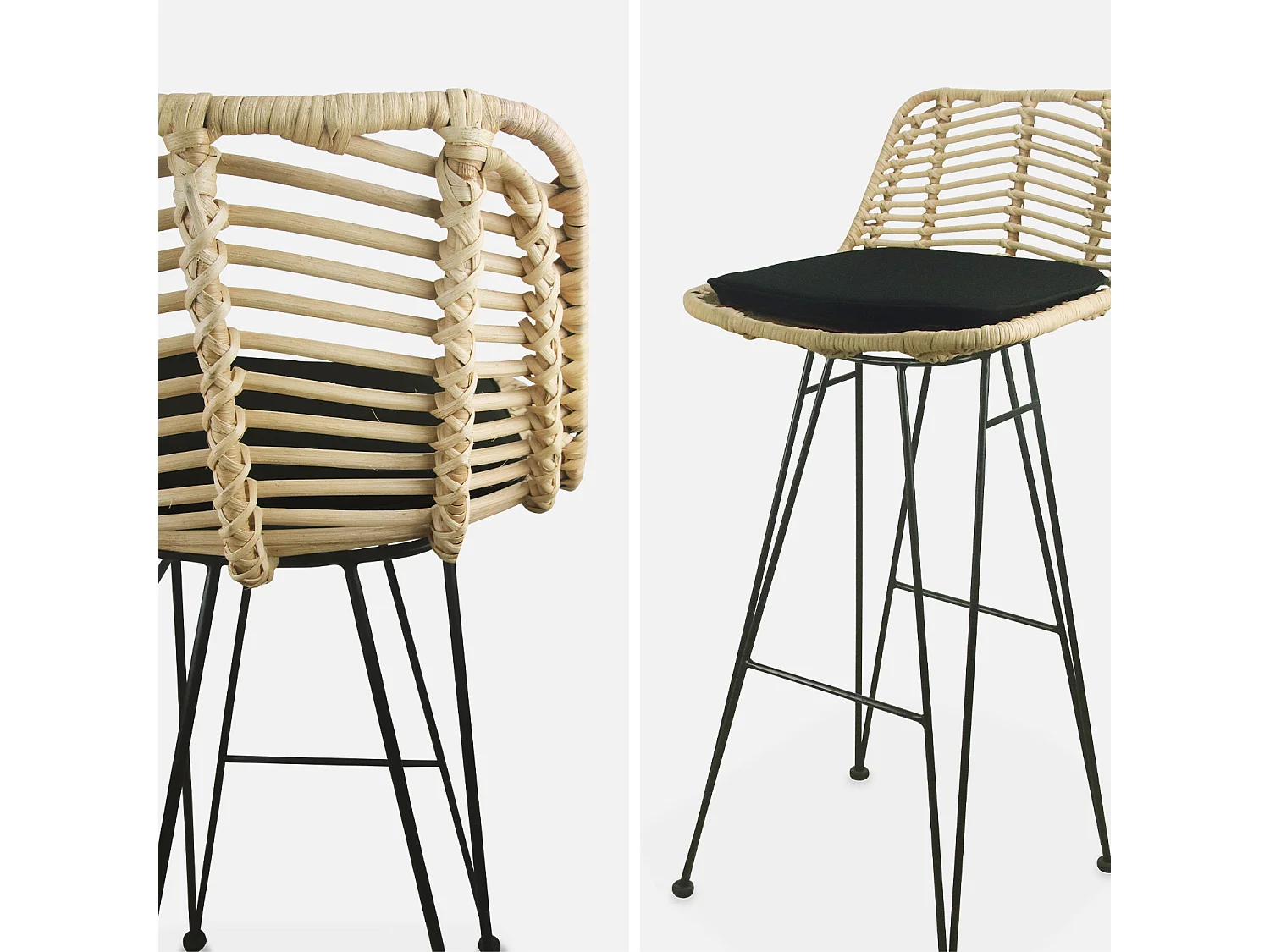 Set di 2 sgabelli da bar in metallo e rattan, nero