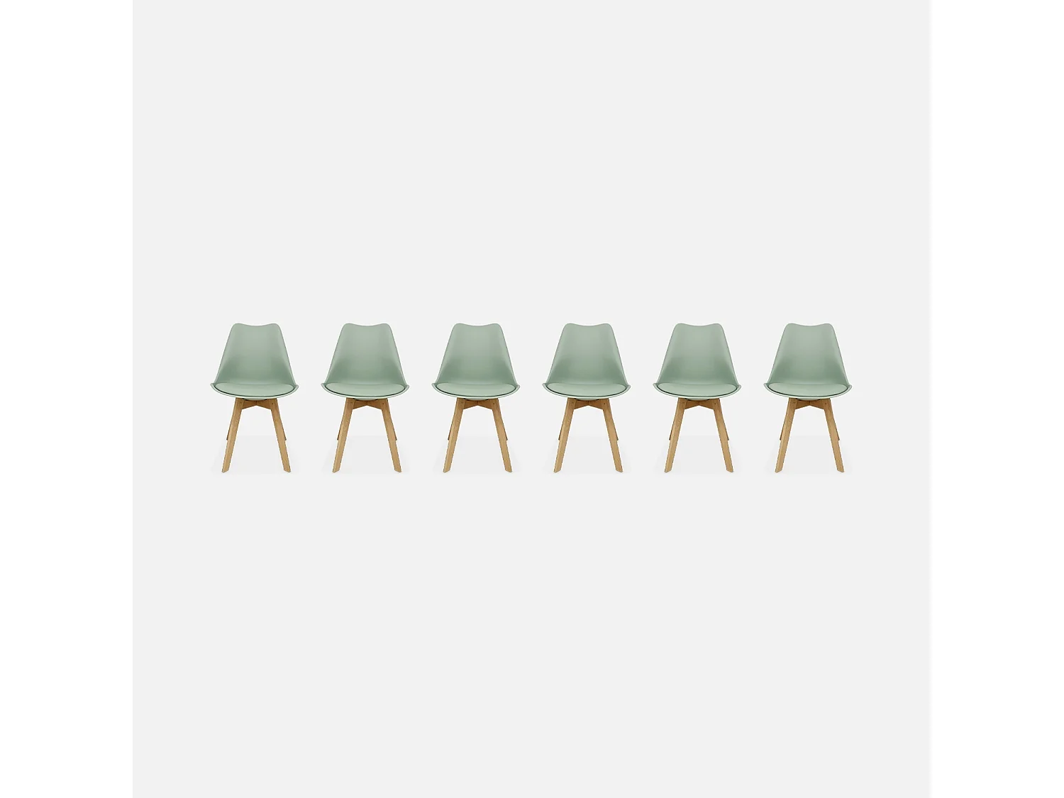 Lot de 6 chaises scandinaves. pieds bois de hêtre. chaises 1 place. vert céladon