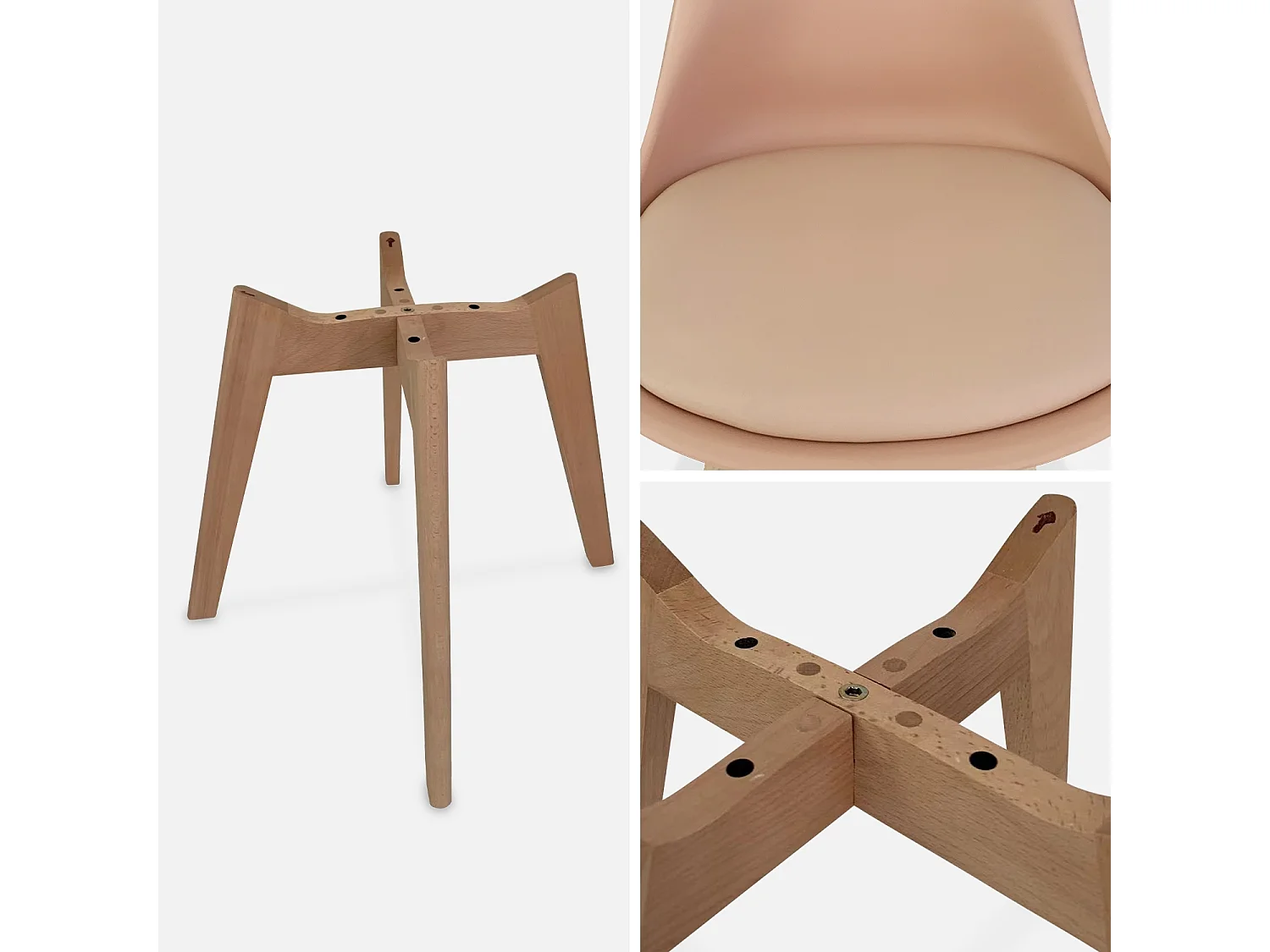 Lot de 4 chaises scandinaves. pieds bois de hêtre. chaises 1 place. vieux rose