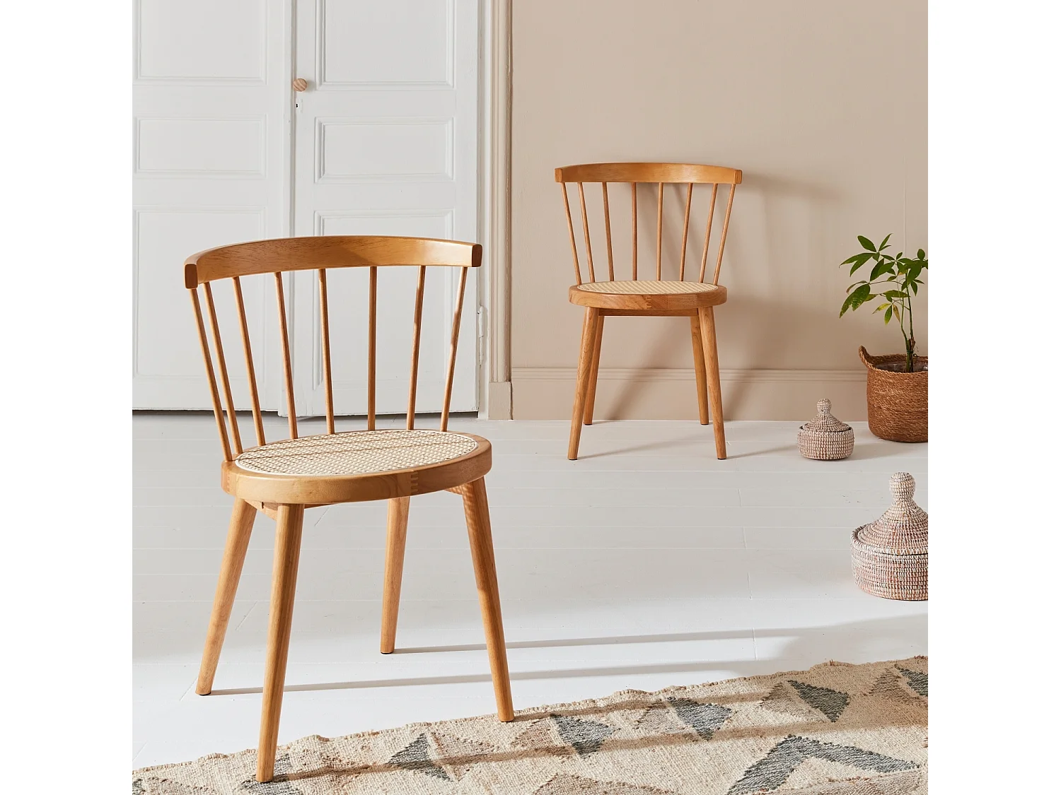 Set di 2 sedie in legno e rattan intrecciato, stile vimini, marrone