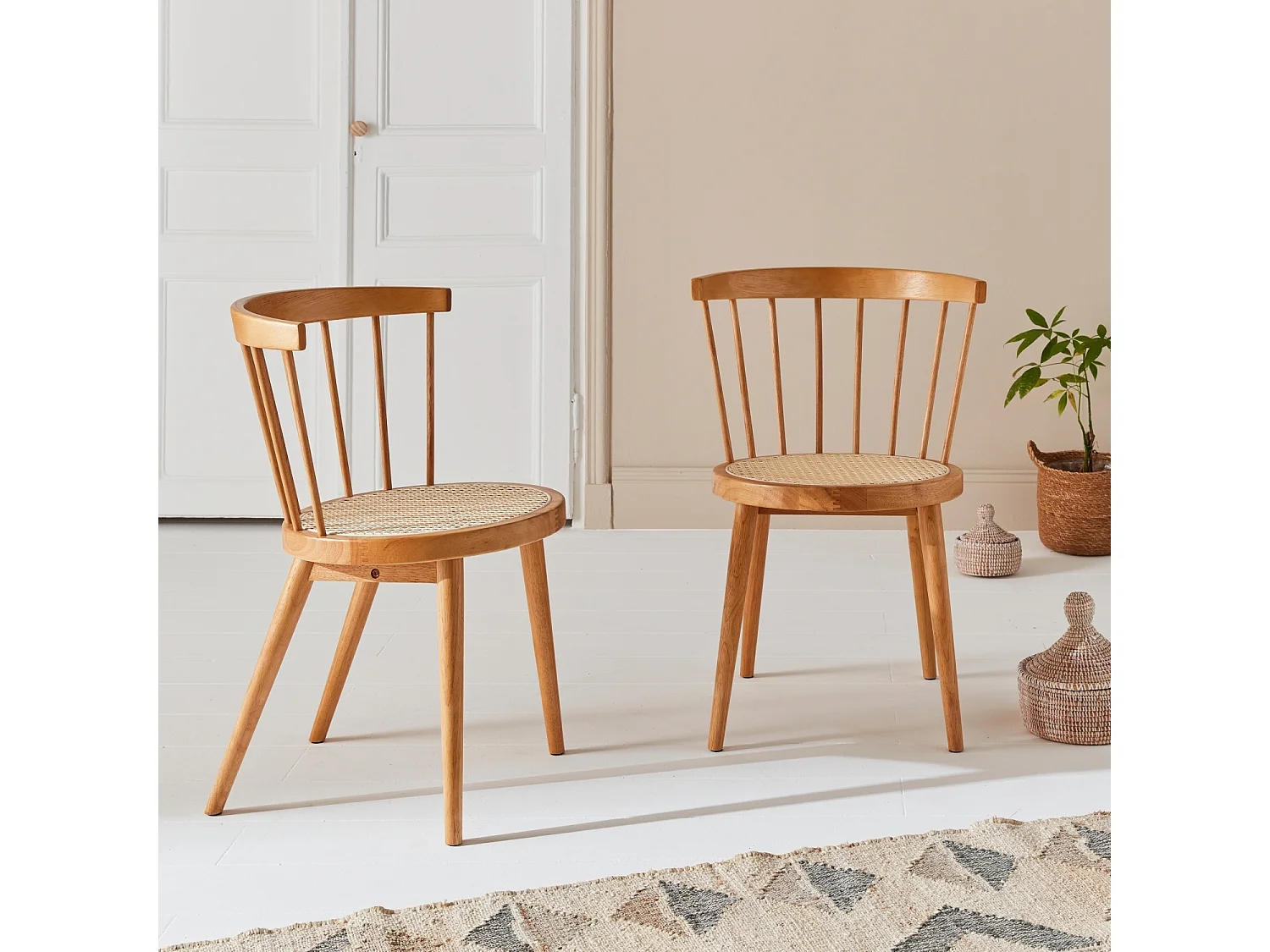 Set di 2 sedie in legno e rattan intrecciato, stile vimini, marrone