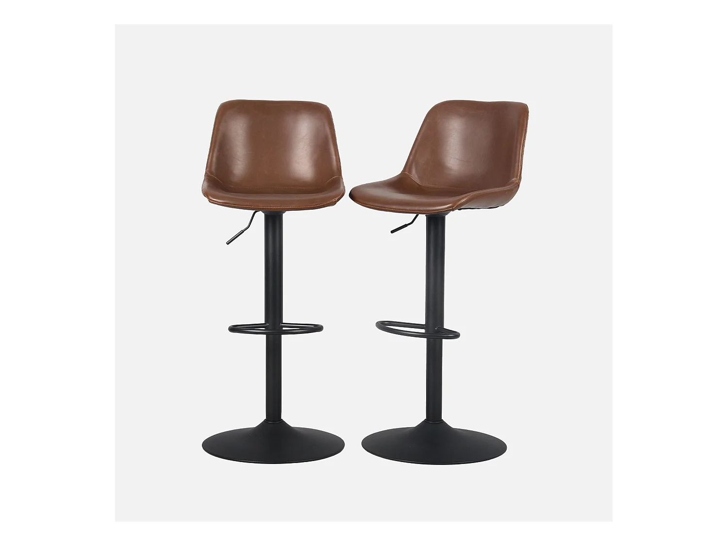 Lot de 2 tabourets de bar réglables - Noah - simili cuir marron - hauteur réglable 60.5/81.5cm. repose-pieds