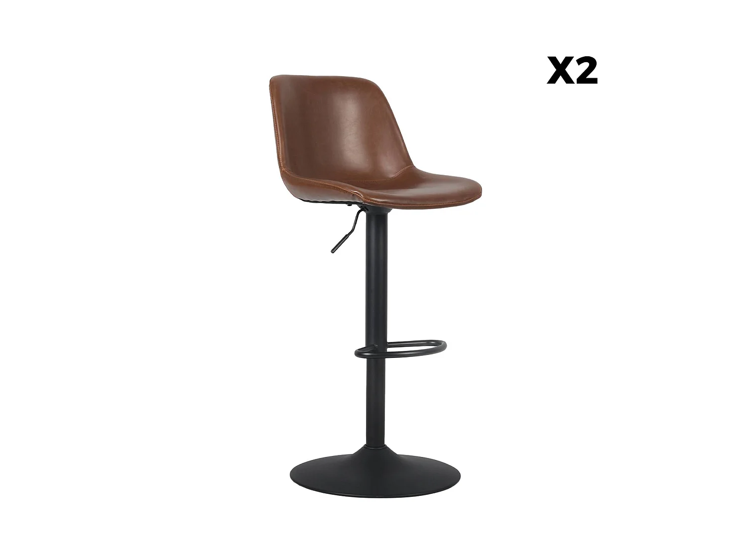 Lot de 2 tabourets de bar réglables - Noah - simili cuir marron - hauteur réglable 60.5/81.5cm. repose-pieds