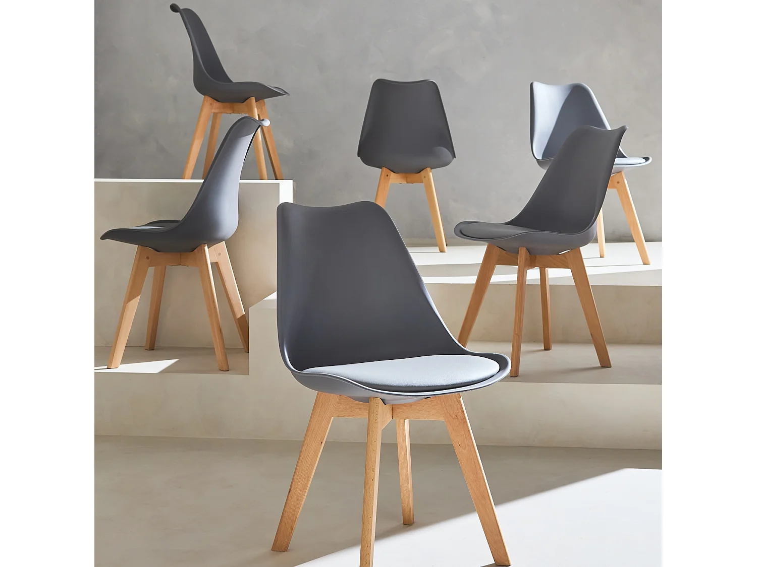 Set 6 sedie scandinave imbottite, gambe in legno per sala da pranzo,