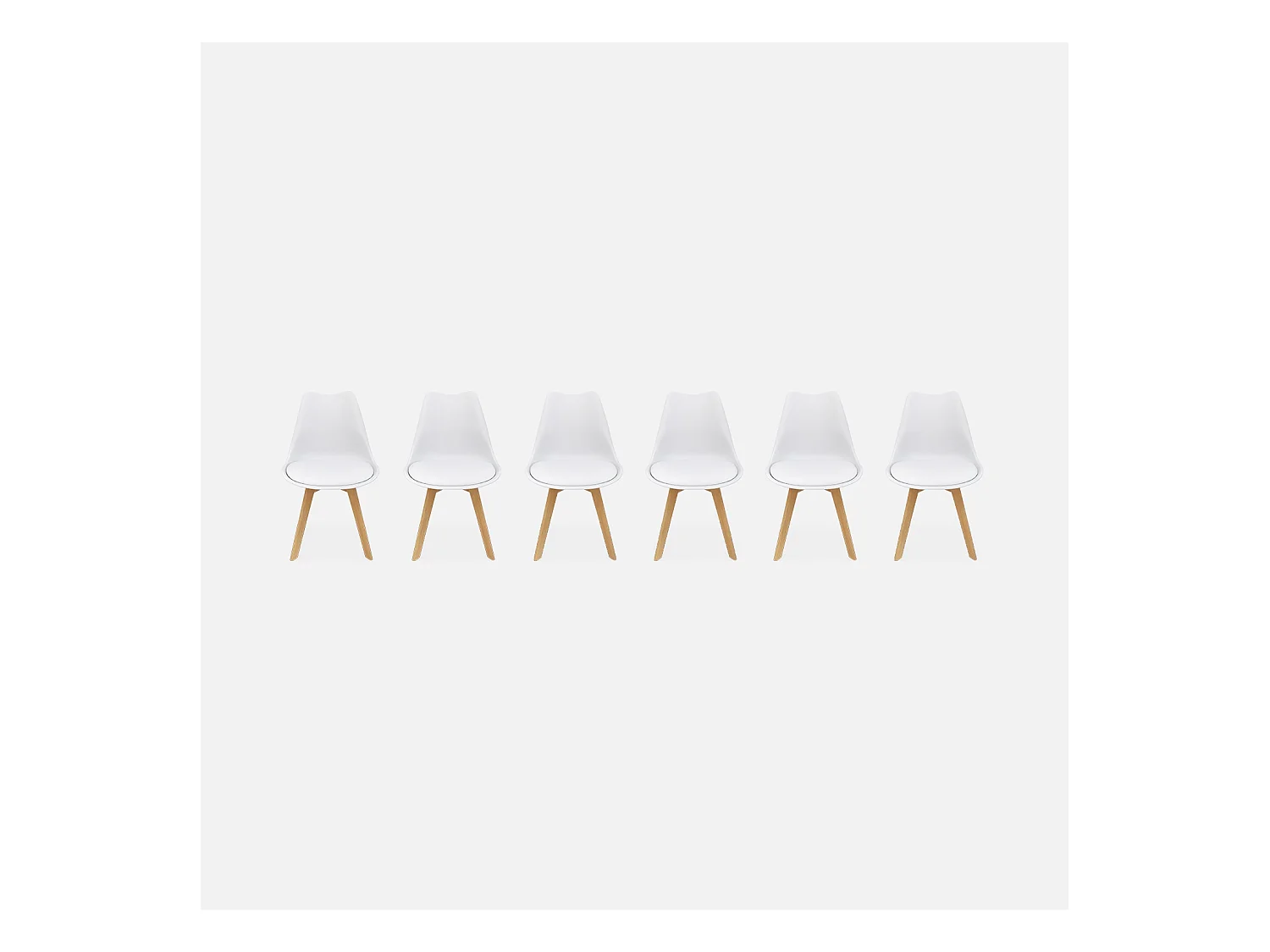 Lot de 6 chaises scandinaves. pieds bois de hêtre. chaises 1 place. blancs