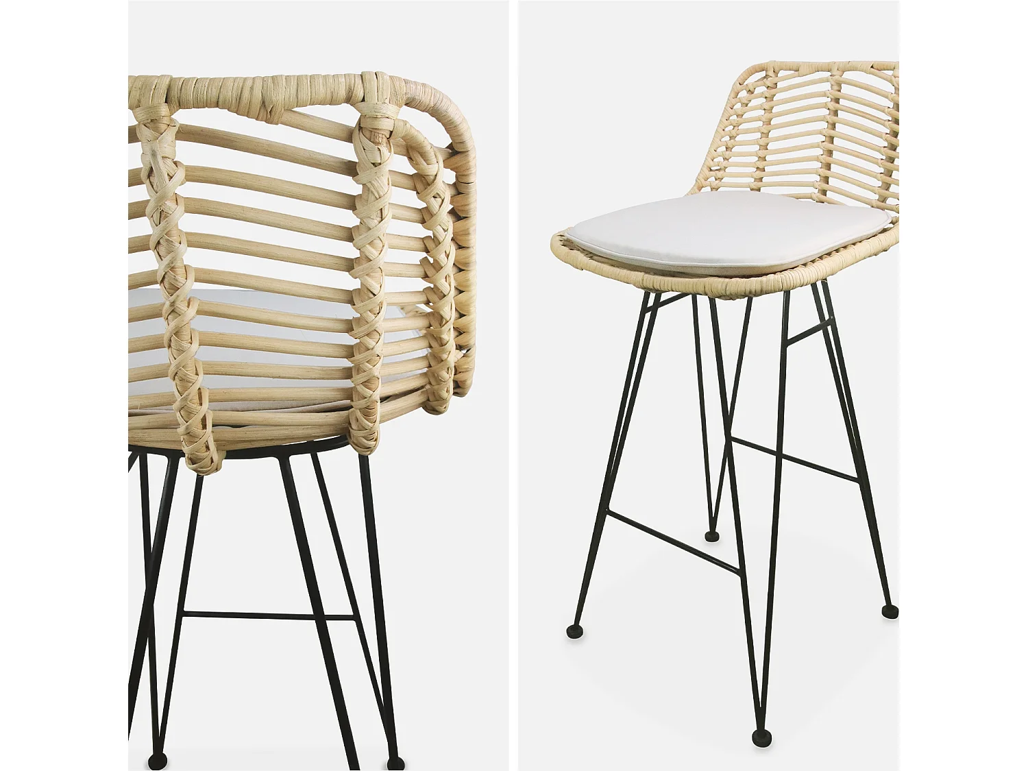 Taburete de bar de metal y ratán, set de 2 beige