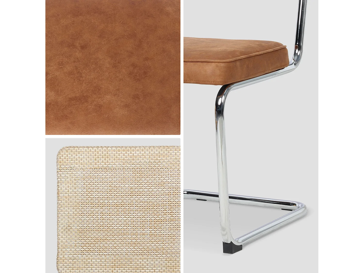 2 chaises cantilever - Maja - tissu marron clair et résine effet rotin. 46 x 54.5 x 84.5cm