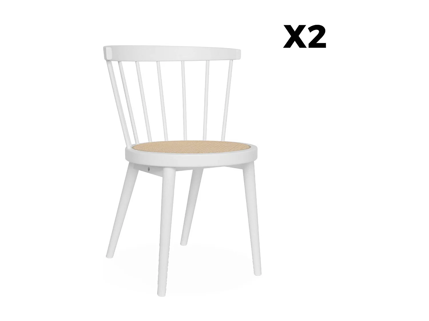 Set di 2 sedie in legno e rattan intrecciato, stile vimini, bianco