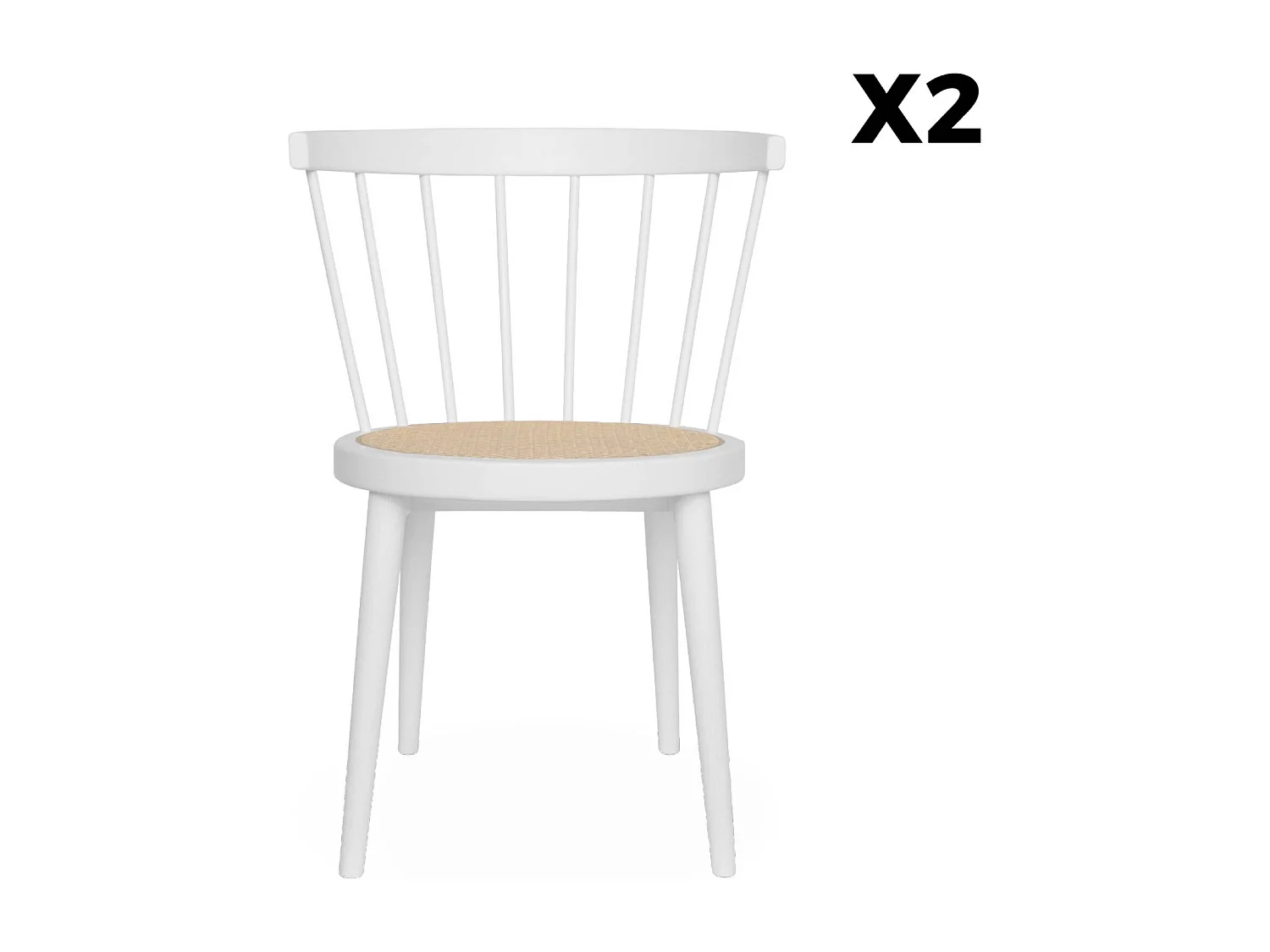 Set di 2 sedie in legno e rattan intrecciato, stile vimini, bianco