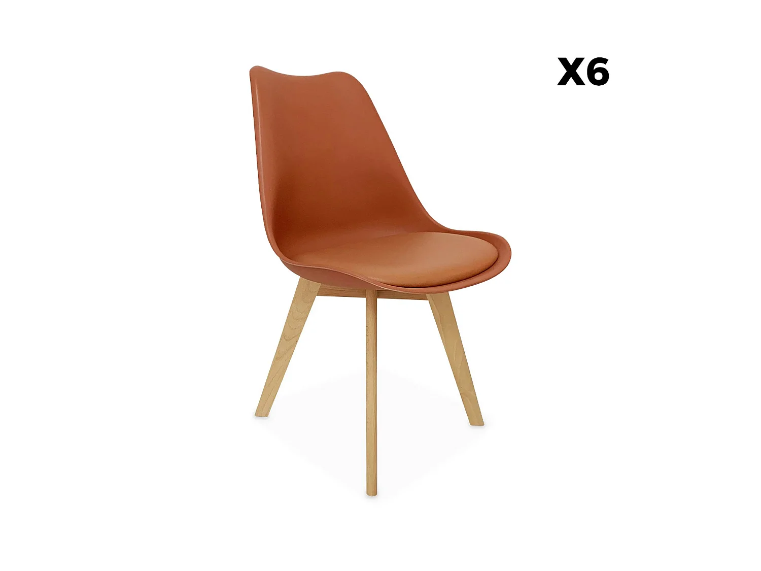 Set 6 sedie scandinave imbottite con gambe in legno, Nils, Terracotta, 47x55x81 cm