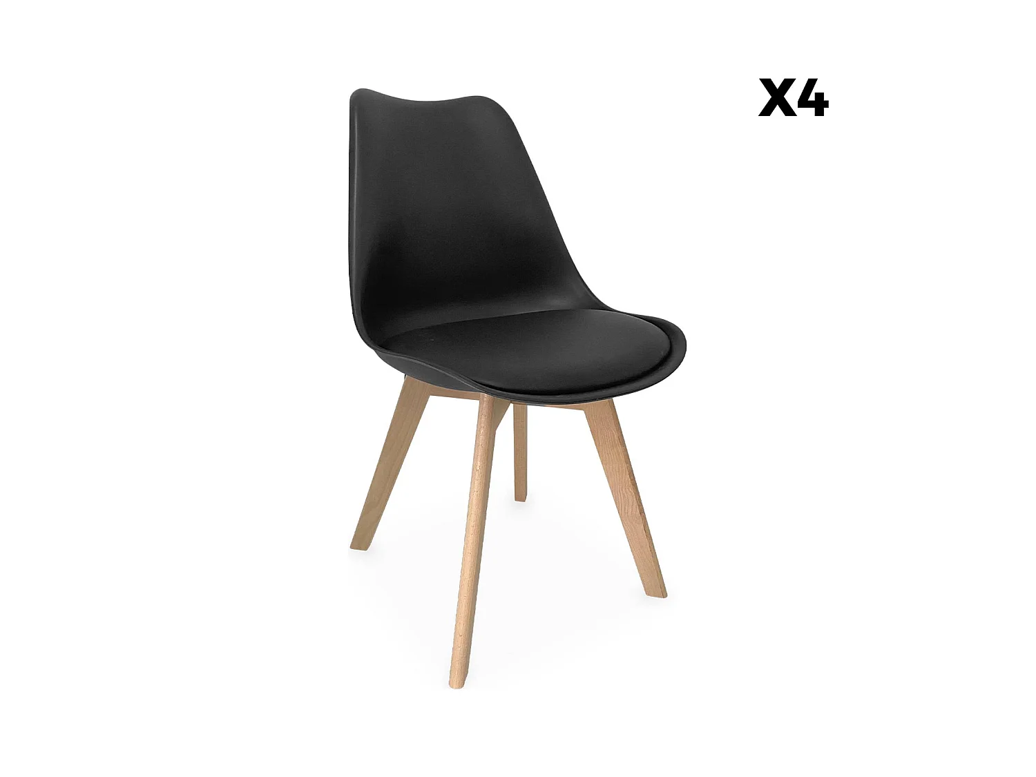 Set 4 sedie scandinave imbottite con gambe in legno , Nils, Nero, 47x55x81 cm