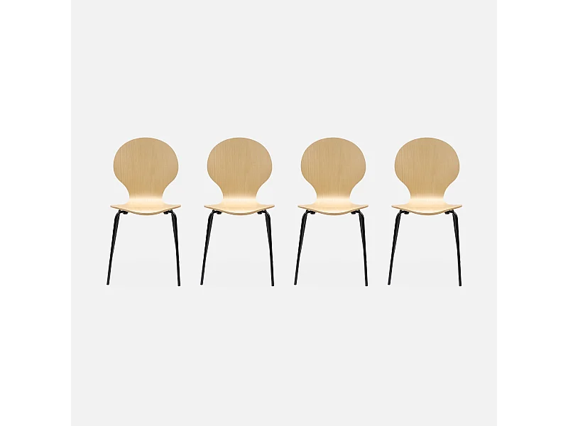 Lot de 4 chaises naturelles. rétro empilables. bois d'hévéa et contreplaqué. pieds en acier. Naomi. L 43 x P 48 x H 87cm