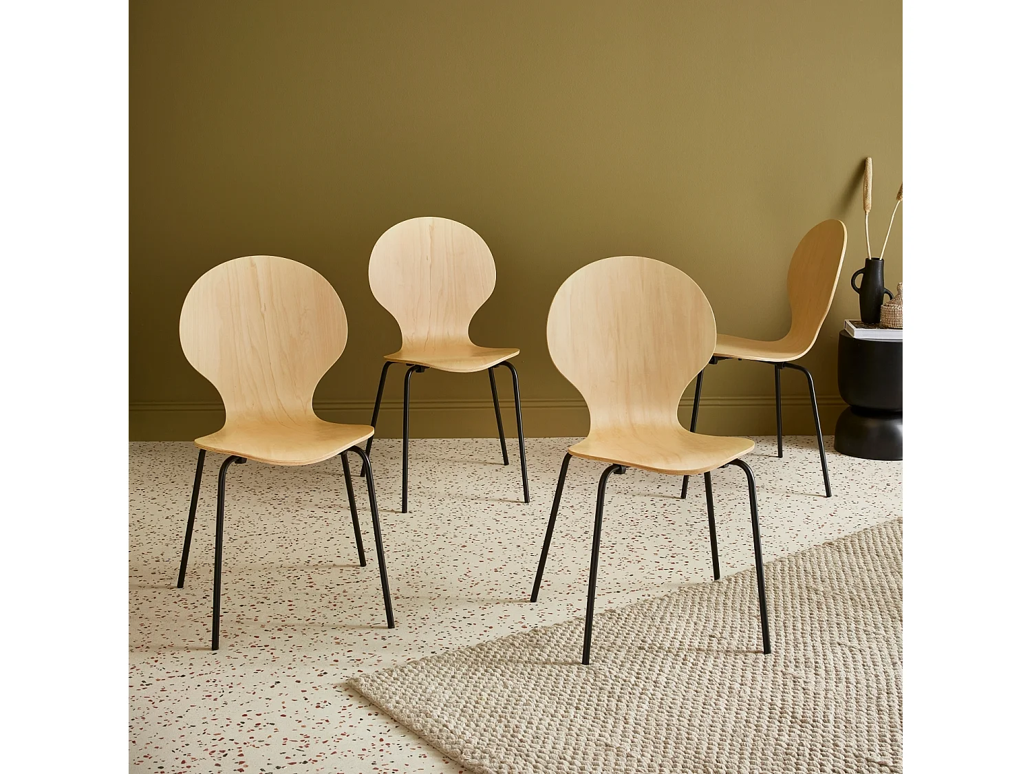 Sillas apilables retro, madera y contrachapado, set de 4 natural