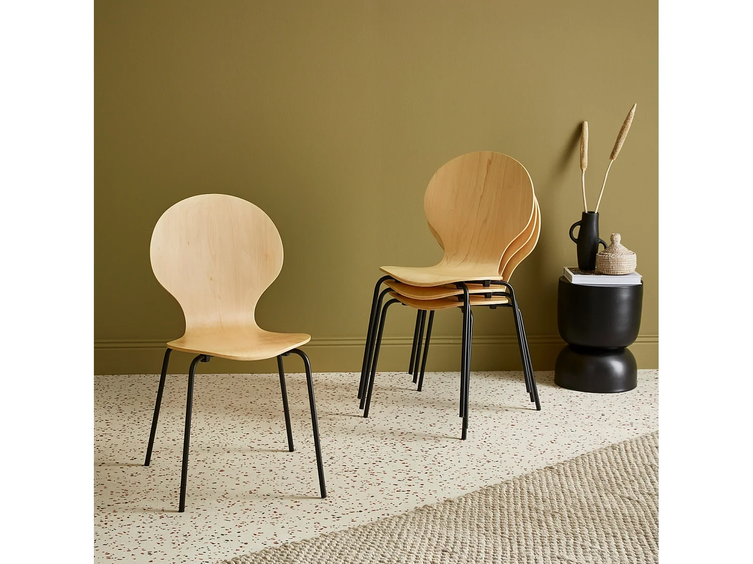 Sillas apilables retro, madera y contrachapado, set de 4 natural